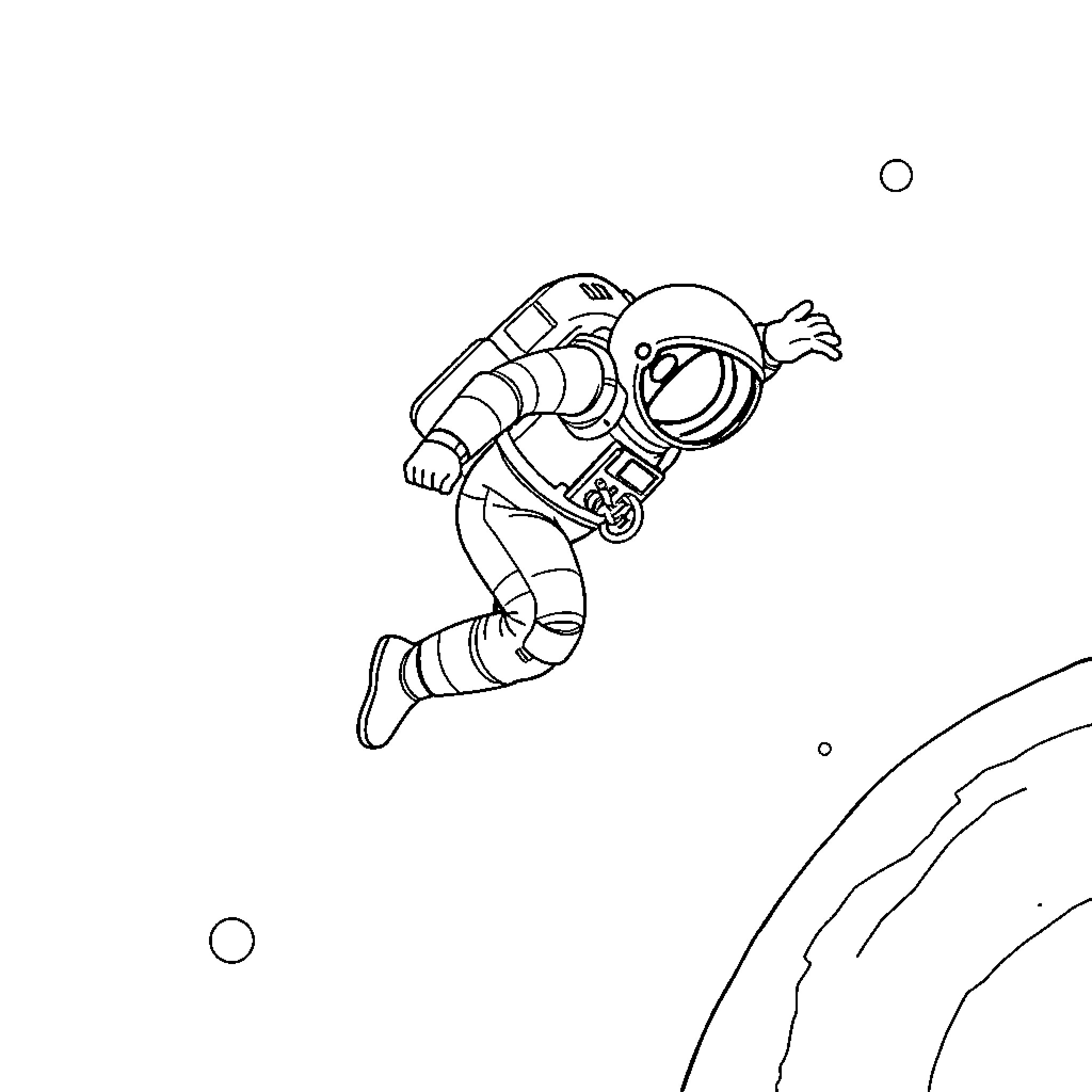 Astronaut floating gracefully in outer space Coloring Page (free black-and-white line drawing printable PDF for all, from beginners to advanced learners, including children, teens, adults, and seniors)
