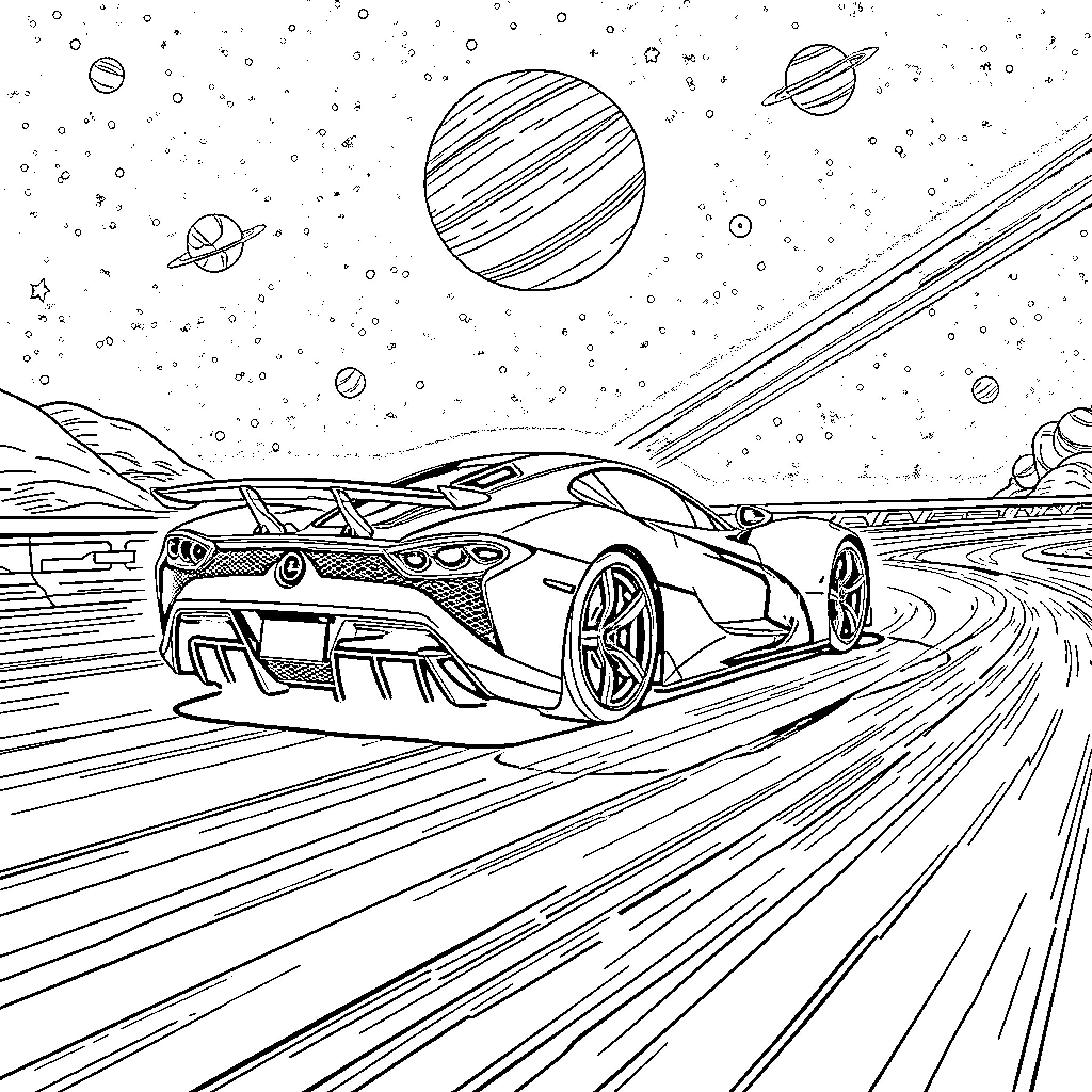 Supercar speeding through cosmic landscape Coloring Page (free black-and-white line drawing printable PDF for all, from beginners to advanced learners, including children, teens, adults, and seniors)