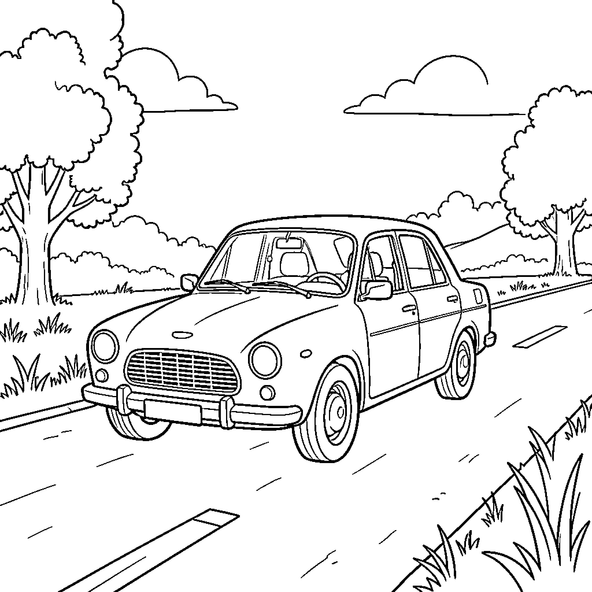 Car driving along a scenic road through trees Coloring Page (free black-and-white line drawing printable PDF for all, from beginners to advanced learners, including children, teens, adults, and seniors)
