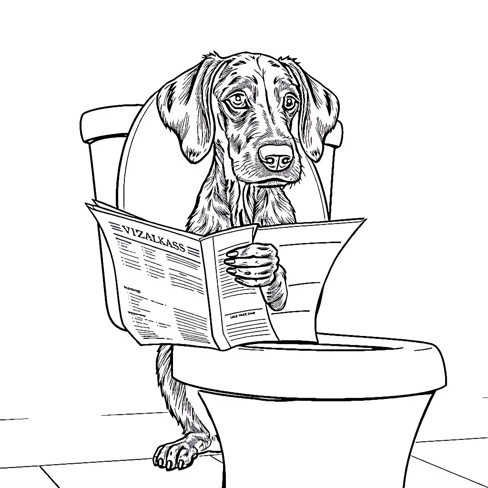 Vizsla dog reading newspaper on chair Coloring Page (free black-and-white line drawing printable PDF for all, from beginners to advanced learners, including children, teens, adults, and seniors)