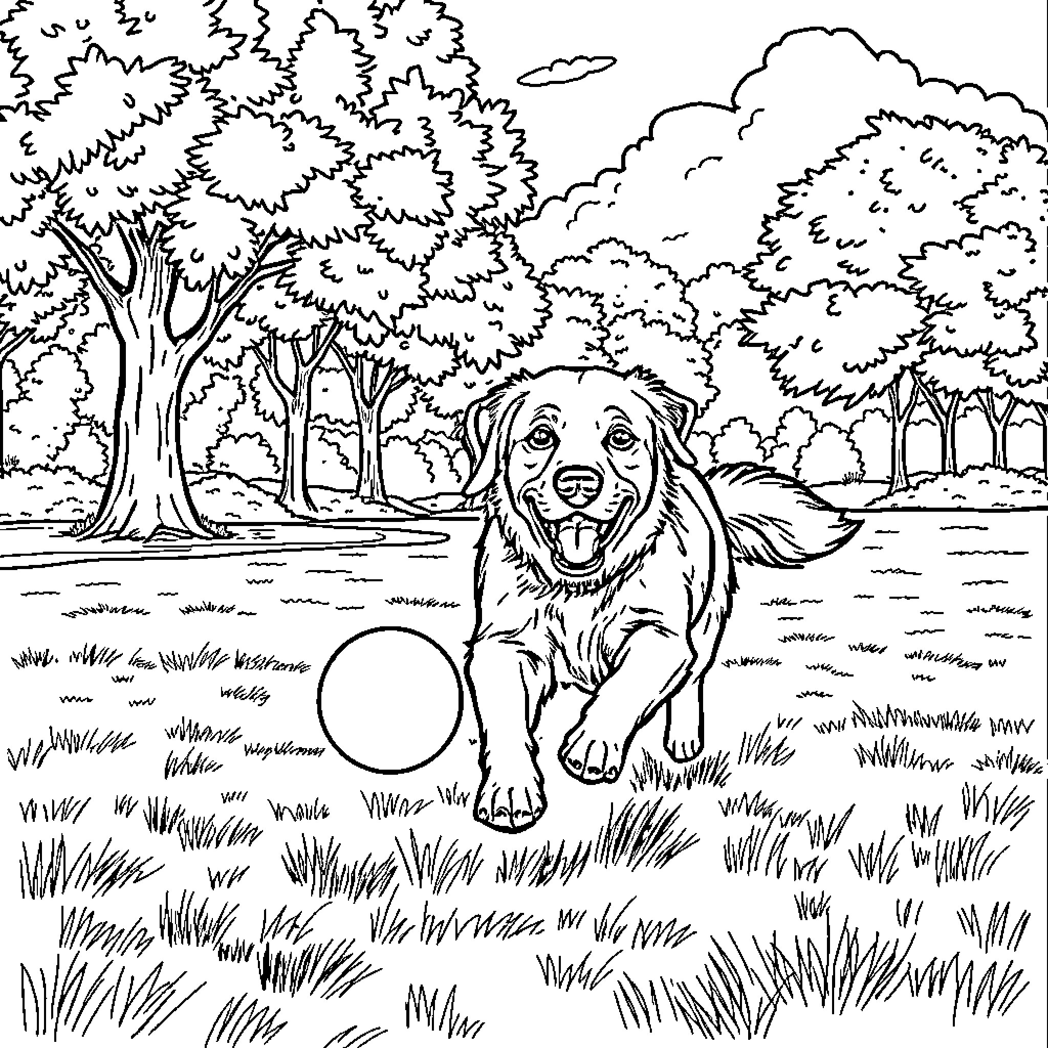 Golden Retriever playing happily in the forest Coloring Page (free black-and-white line drawing printable PDF for all, from beginners to advanced learners, including children, teens, adults, and seniors)