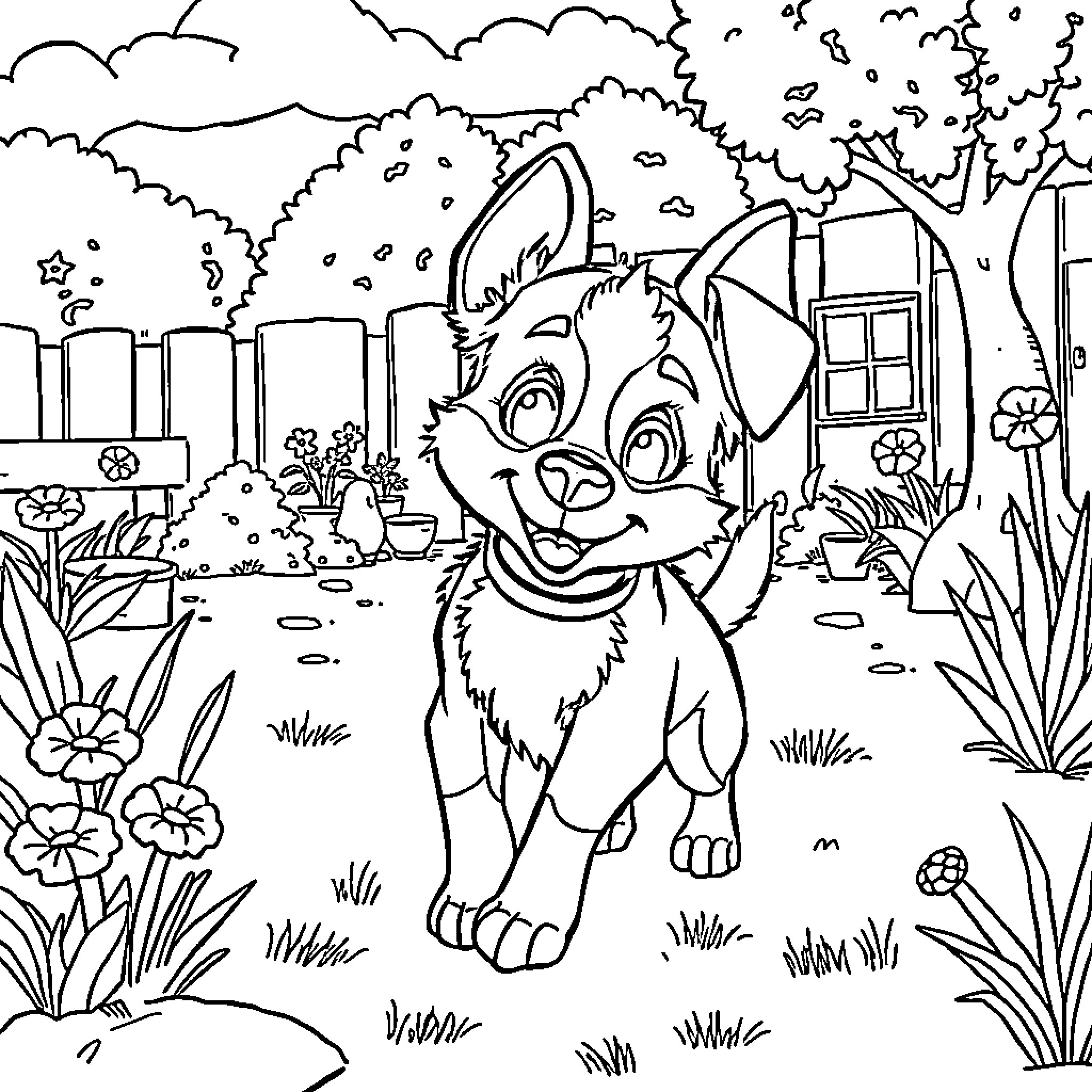 Bluey exploring a vibrant garden Coloring Page (free black-and-white line drawing printable PDF for all, from beginners to advanced learners, including children, teens, adults, and seniors)