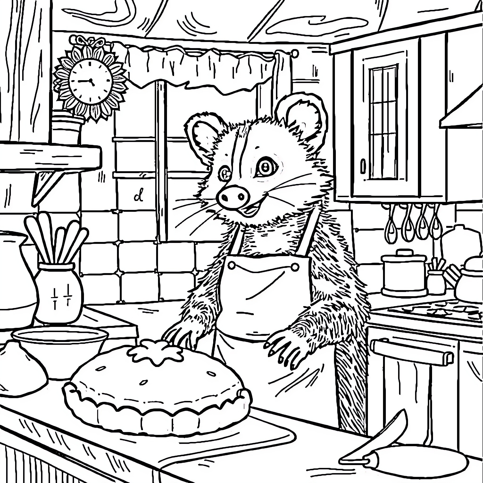 Opossum baking a delicious pie in a cozy kitchen Coloring Page (free black-and-white line drawing printable PDF for all, from beginners to advanced learners, including children, teens, adults, and seniors)
