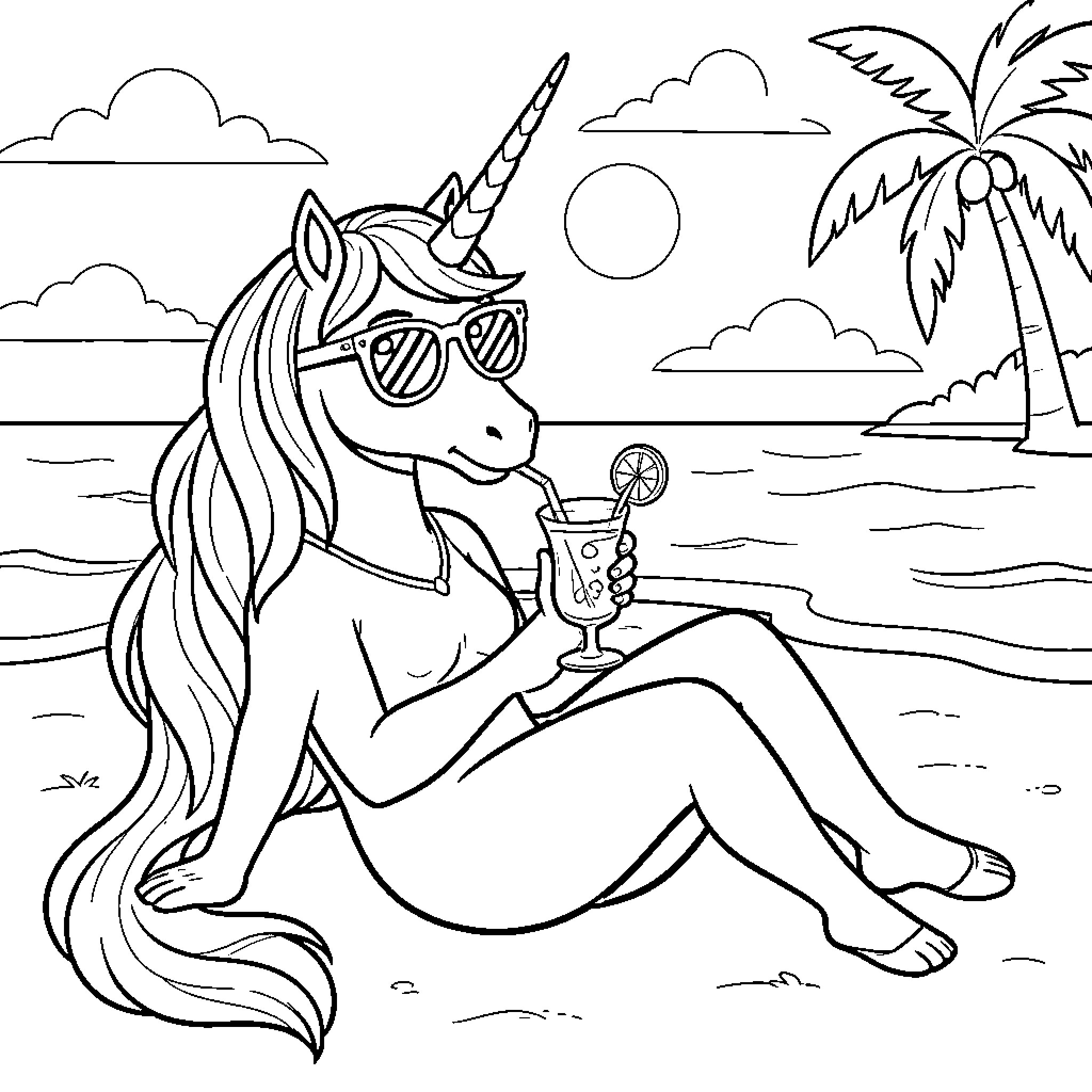 Licorne relaxing on the beach wearing sunglasses Coloring Page (free black-and-white line drawing printable PDF for all, from beginners to advanced learners, including children, teens, adults, and seniors)