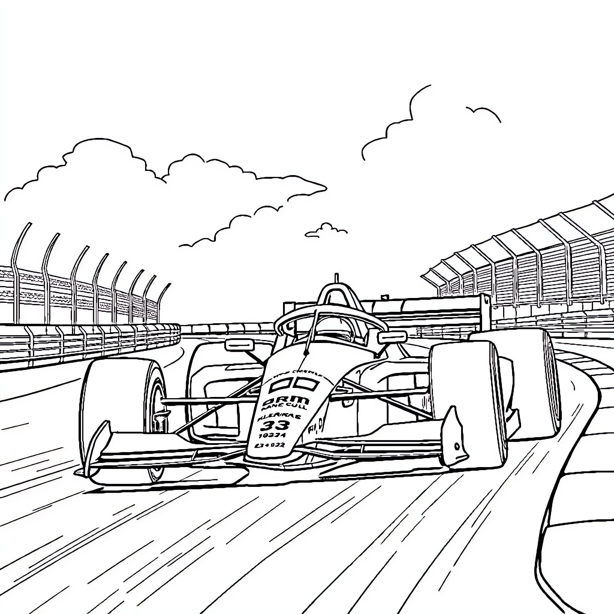 Formula 1 Car Speeding on Racing Track Coloring Page (free black-and-white line drawing printable PDF for all, from beginners to advanced learners, including children, teens, adults, and seniors)