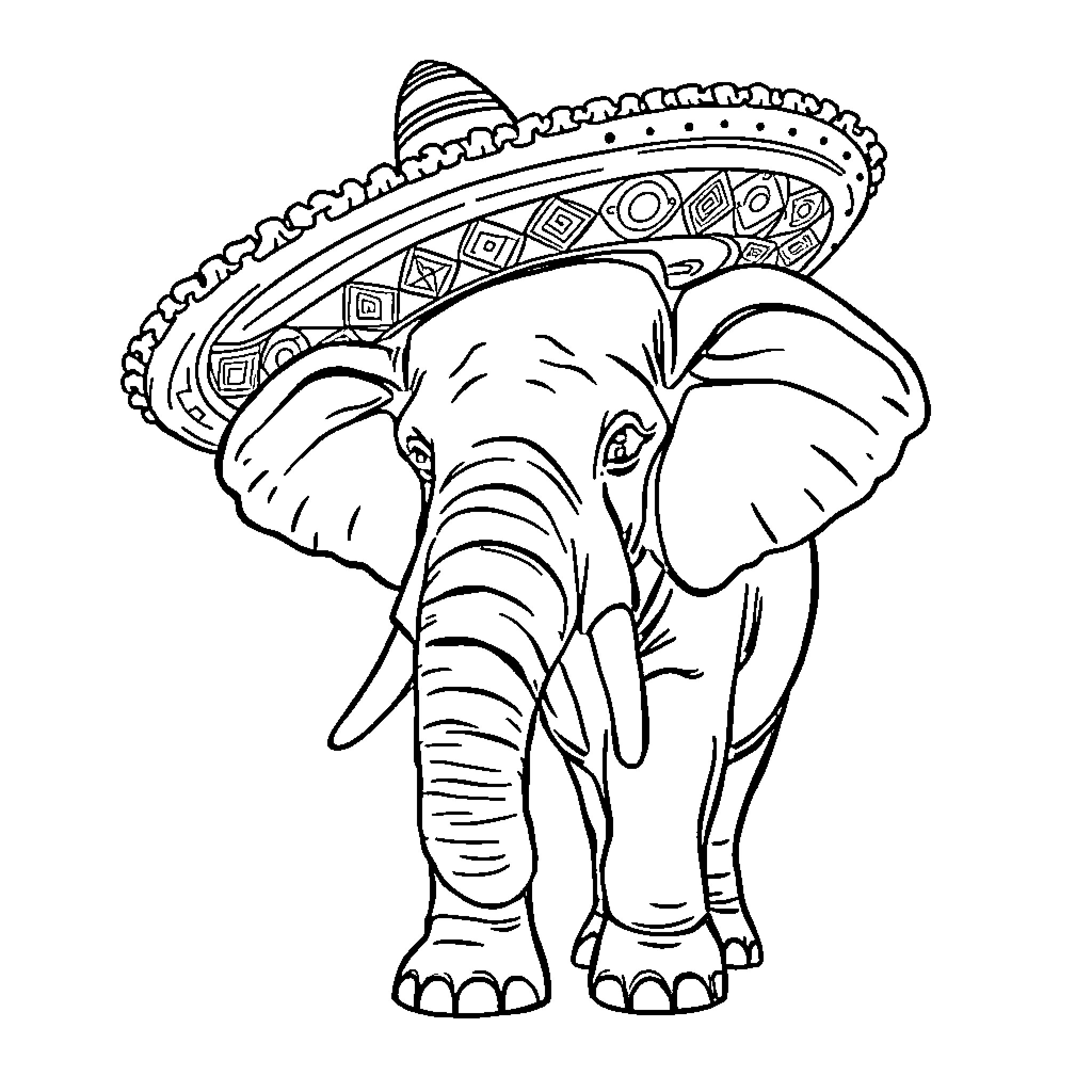 Elephant wearing traditional Mexican sombrero Coloring Page (free black-and-white line drawing printable PDF for all, from beginners to advanced learners, including children, teens, adults, and seniors)