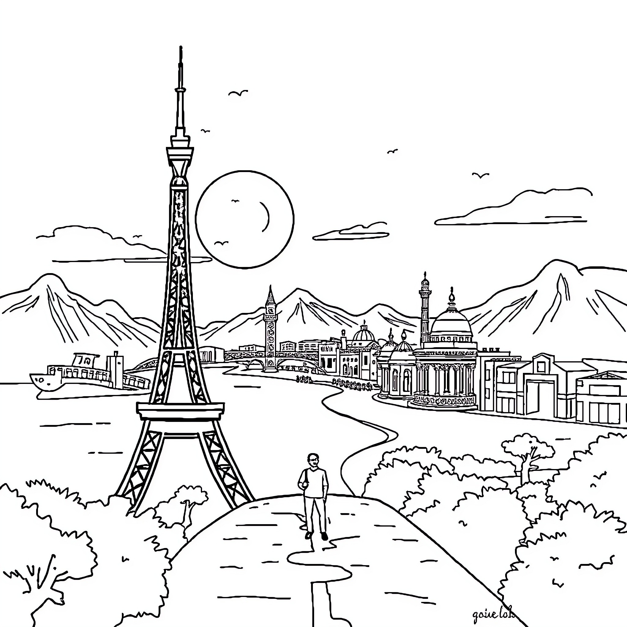 Travel through the iconic landmarks of a city Coloring Page (free black-and-white line drawing printable PDF for all, from beginners to advanced learners, including children, teens, adults, and seniors)
