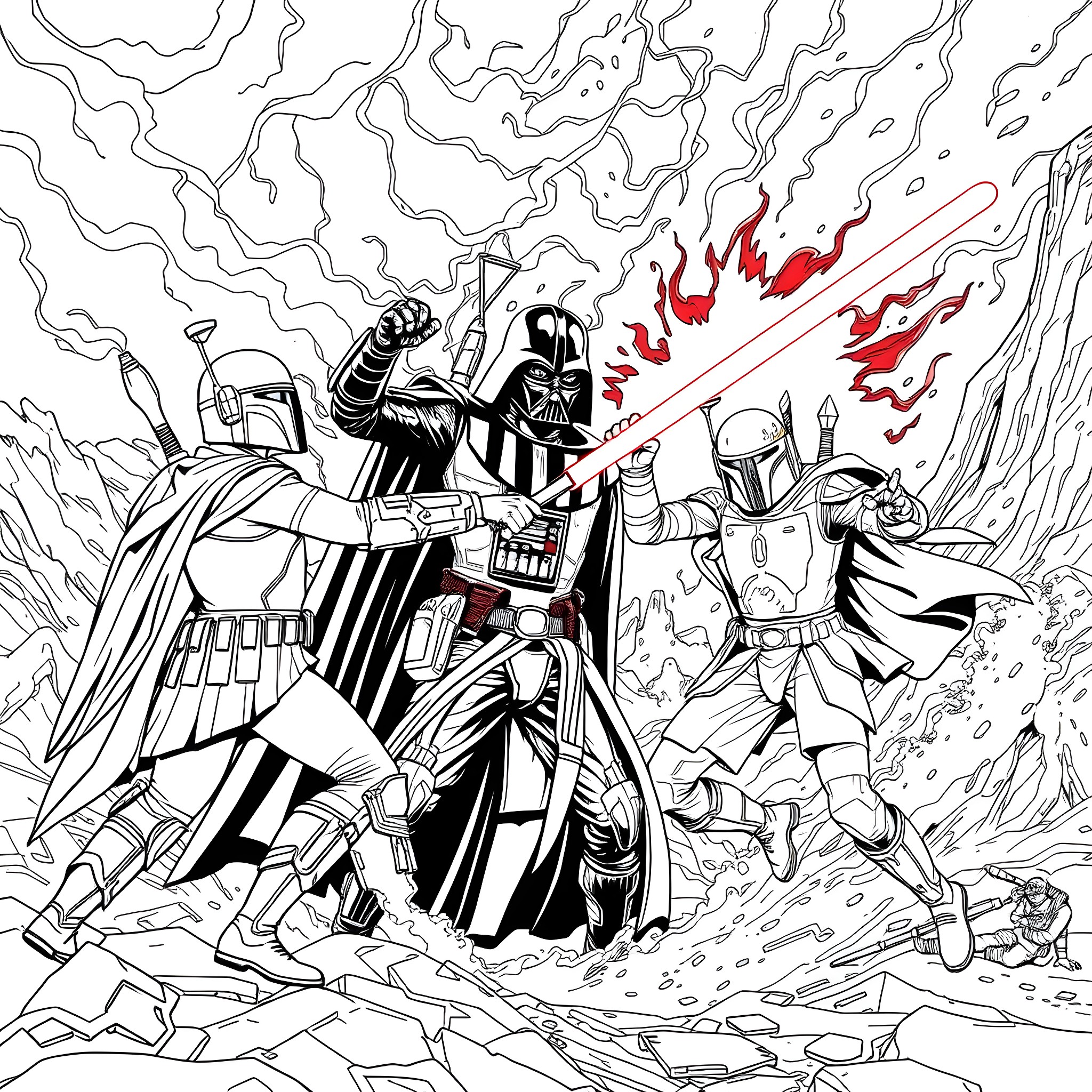 Mandalorian Warrior's Epic Battle Coloring Page (free black-and-white line drawing printable PDF for all, from beginners to advanced learners, including children, teens, adults, and seniors)