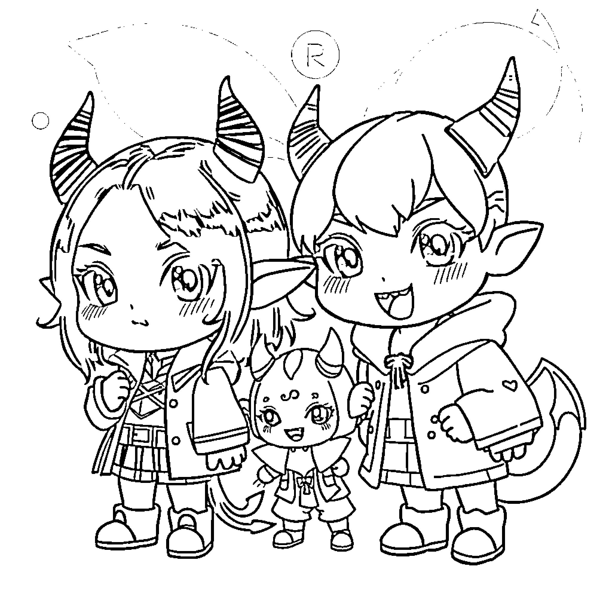 Saja Boys in Lively Cartoon Poses Coloring Page (free black-and-white line drawing printable PDF for all, from beginners to advanced learners, including children, teens, adults, and seniors)