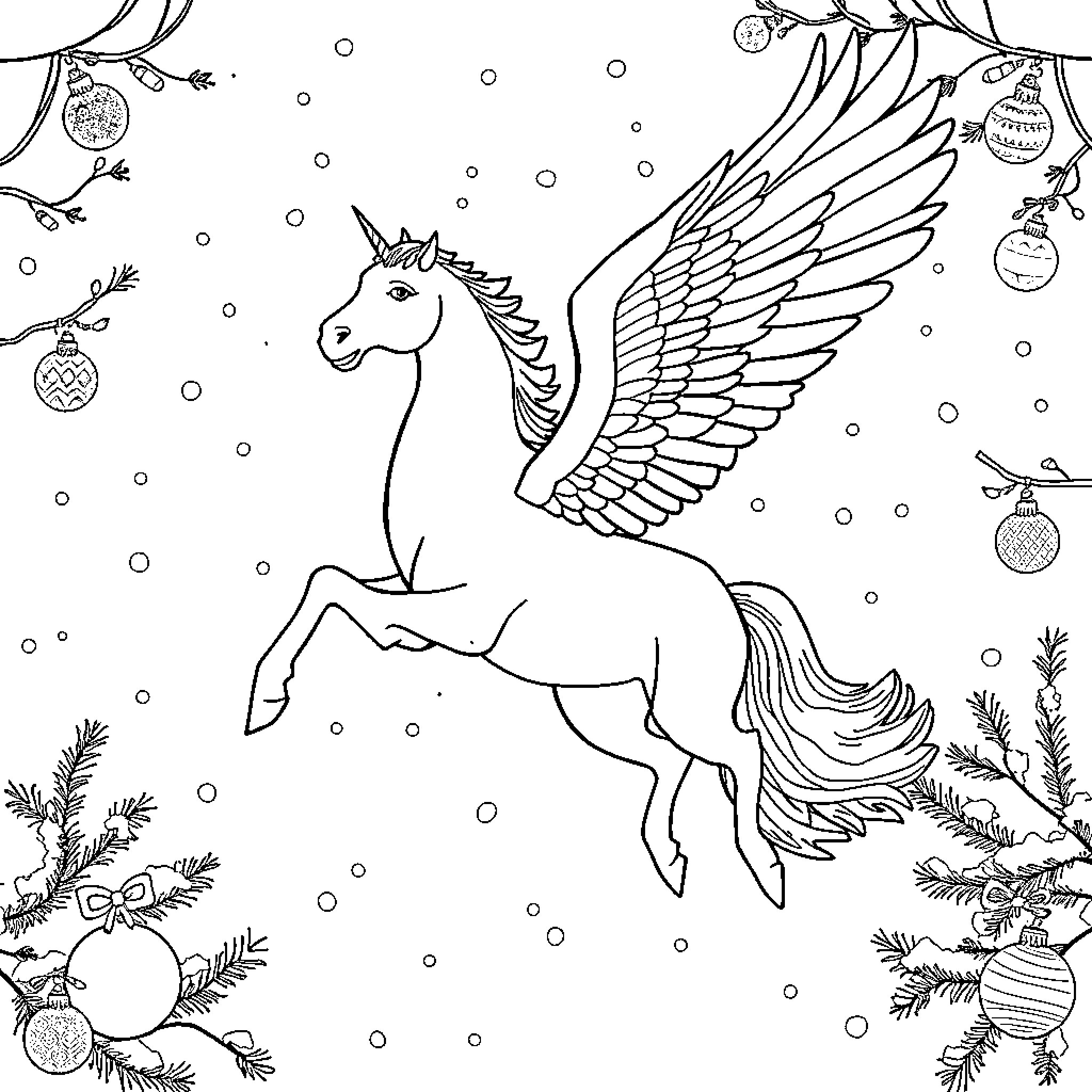 Pegasus soaring amidst winter decorations Coloring Page (free black-and-white line drawing printable PDF for all, from beginners to advanced learners, including children, teens, adults, and seniors)