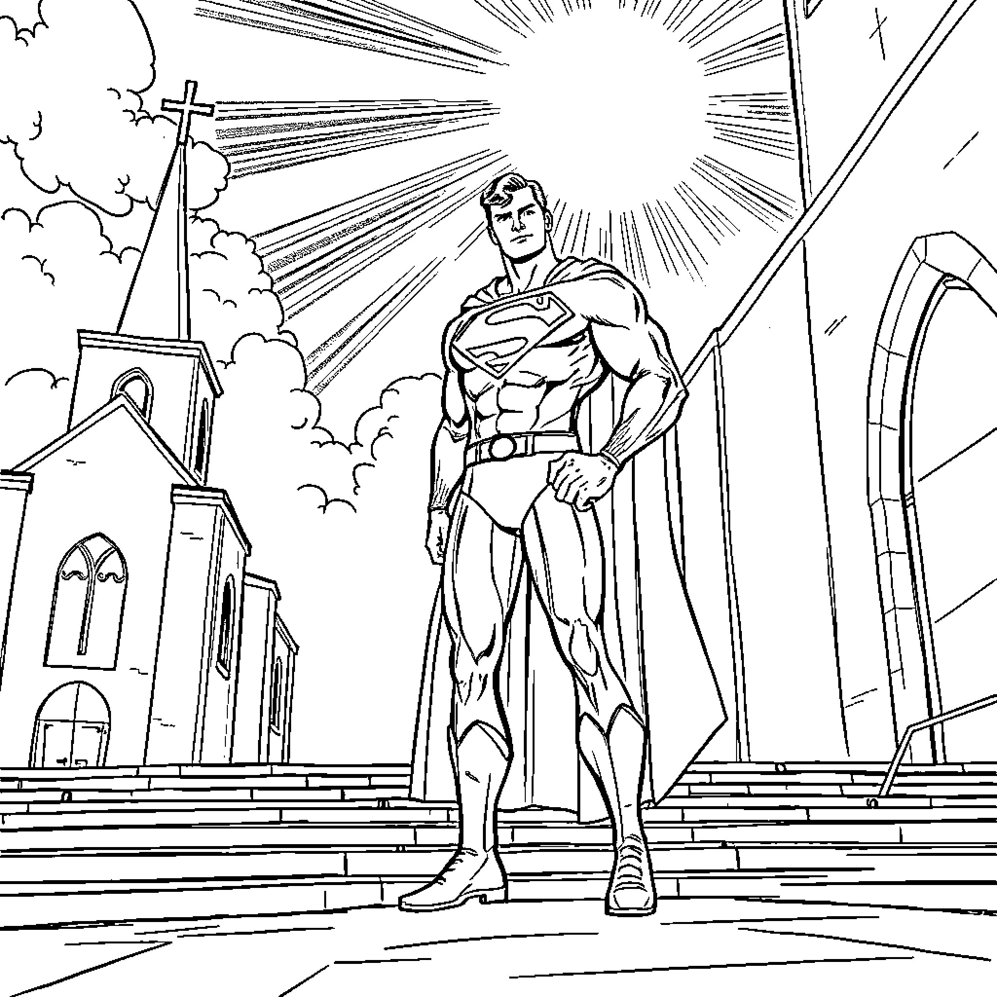 Superman heroically stands before a church Coloring Page (free black-and-white line drawing printable PDF for all, from beginners to advanced learners, including children, teens, adults, and seniors)
