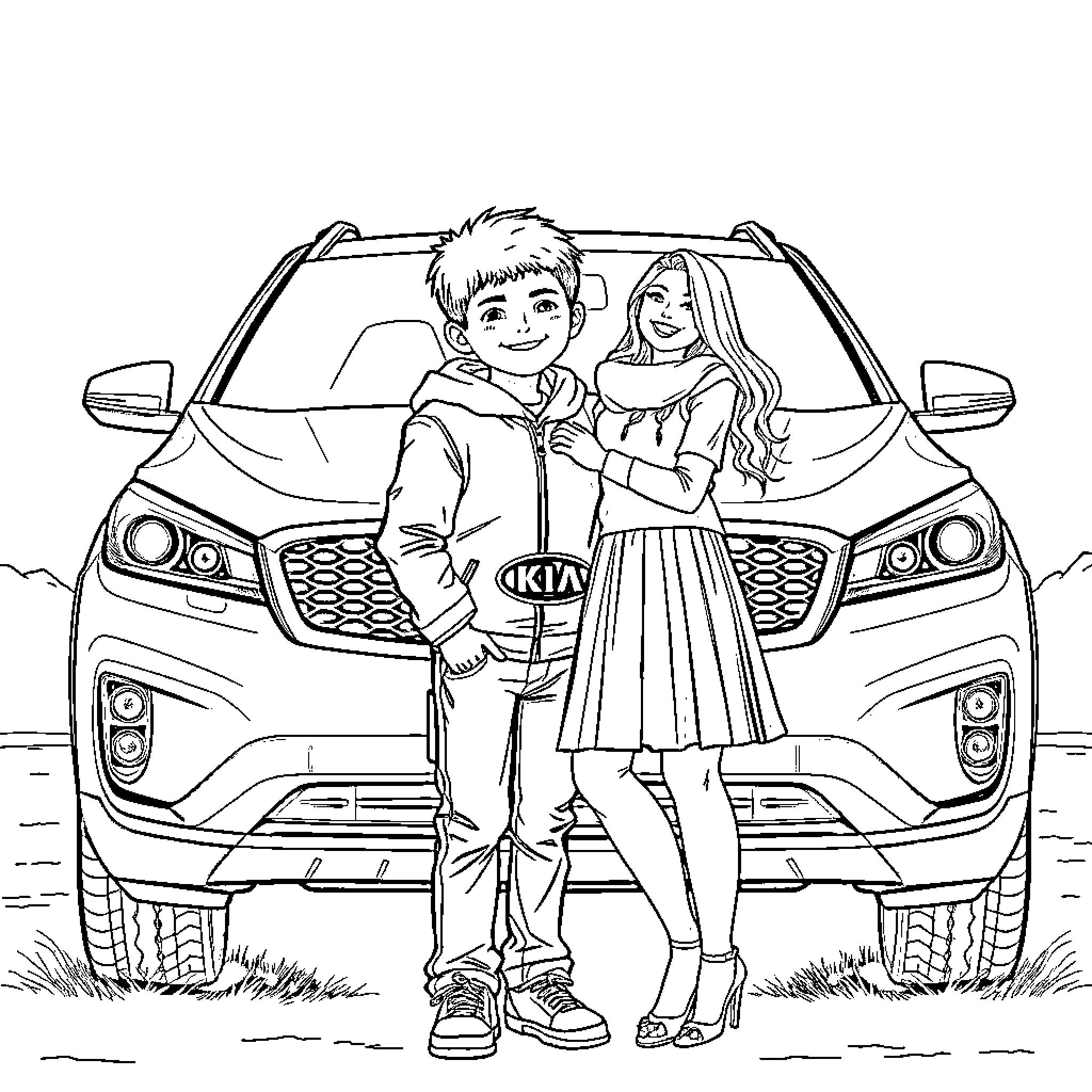 Boy and girl pose with new car Coloring Page (free black-and-white line drawing printable PDF for all, from beginners to advanced learners, including children, teens, adults, and seniors)