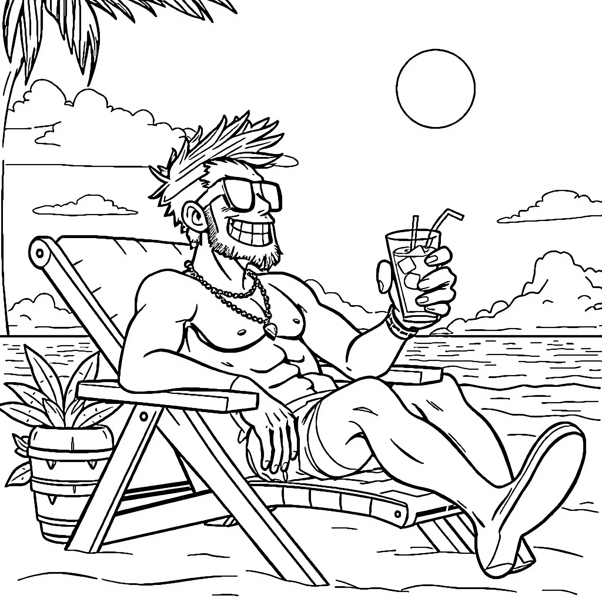 Chainsaw Man relaxing on the beach with a tropical drink Coloring Page (free black-and-white line drawing printable PDF for all, from beginners to advanced learners, including children, teens, adults, and seniors)