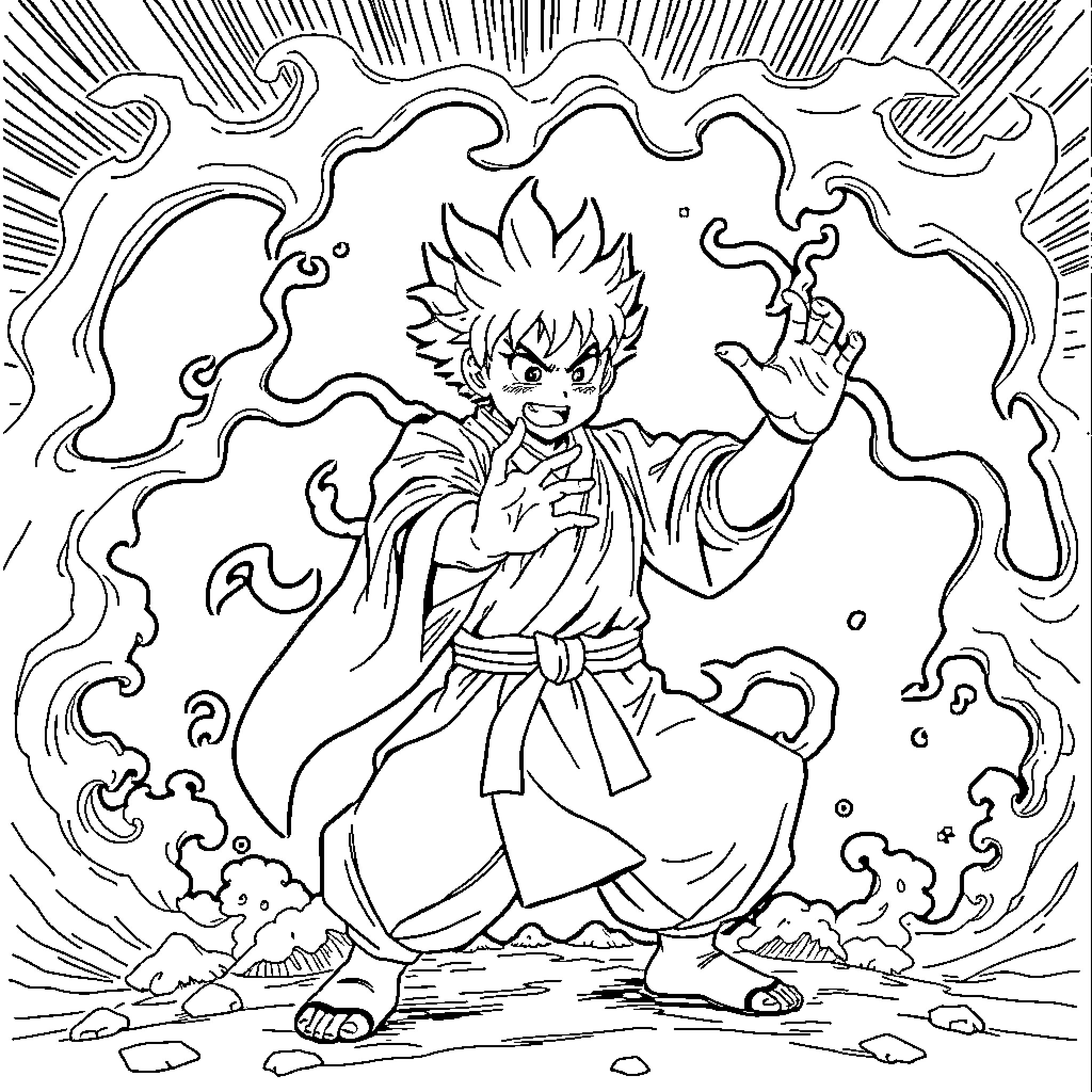 Songoku unleashing powerful energy in epic battle stance Coloring Page (free black-and-white line drawing printable PDF for all, from beginners to advanced learners, including children, teens, adults, and seniors)
