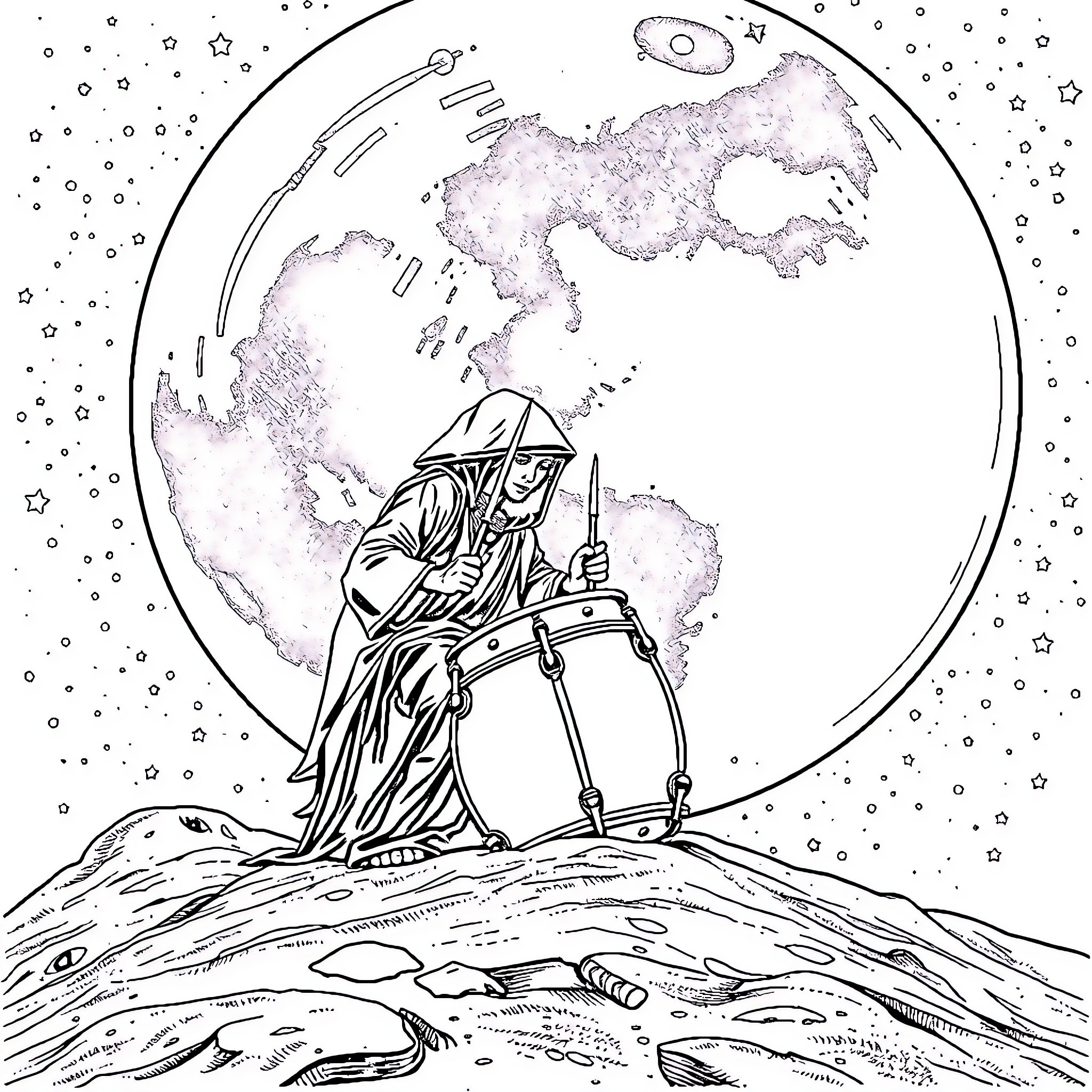 Drummer Performing Under the Starry Sky Coloring Page (free black-and-white line drawing printable PDF for all, from beginners to advanced learners, including children, teens, adults, and seniors)