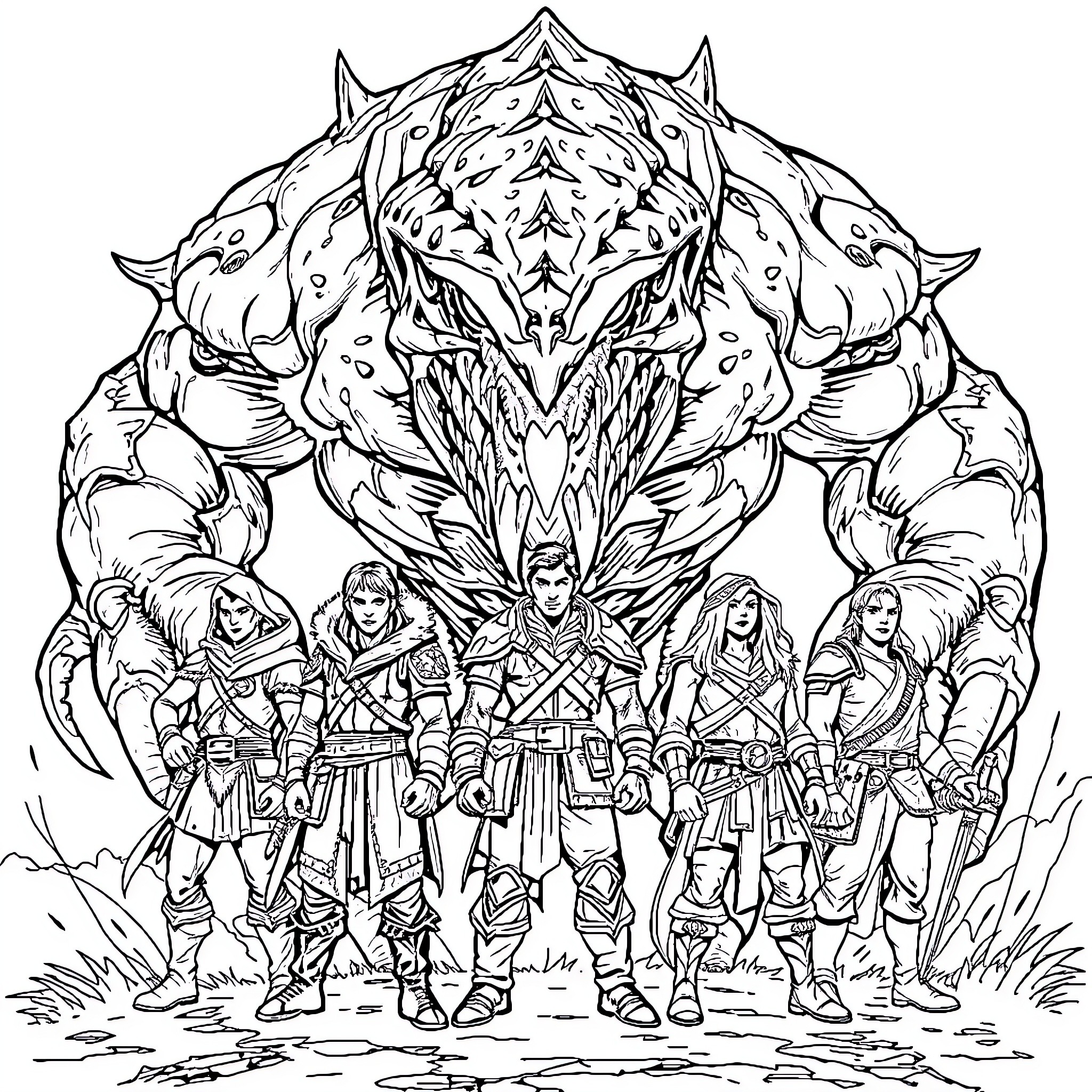 Adventurers Facing a Formidable Foe Coloring Page (free black-and-white line drawing printable PDF for all, from beginners to advanced learners, including children, teens, adults, and seniors)