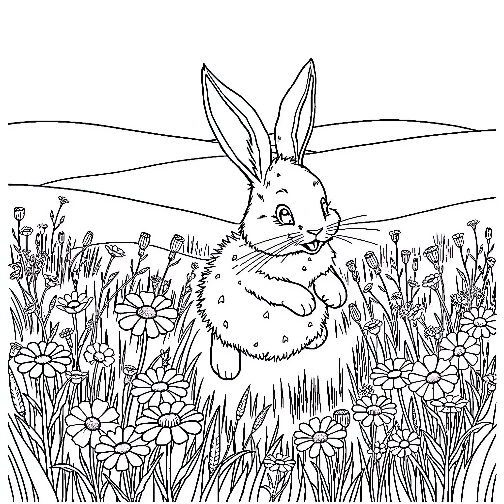 Bunny amidst blooming flowers in nature Coloring Page (free black-and-white line drawing printable PDF for all, from beginners to advanced learners, including children, teens, adults, and seniors)