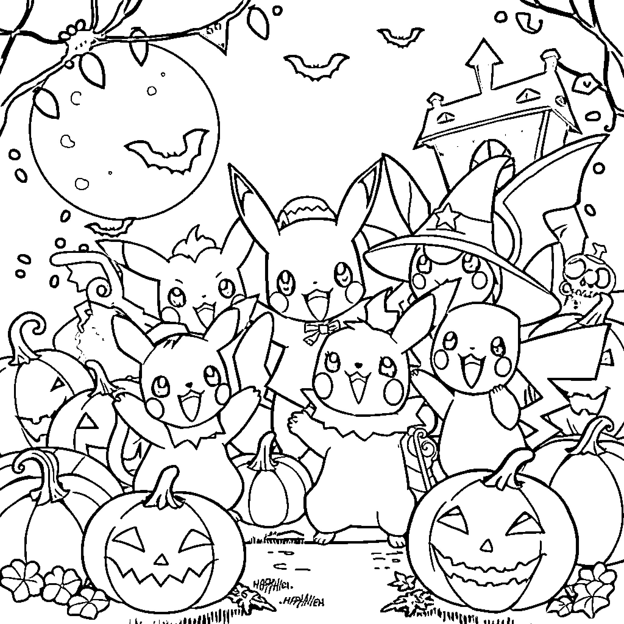 Pokémon Halloween Party with Spooky Decorations Coloring Page (free black-and-white line drawing printable PDF for all, from beginners to advanced learners, including children, teens, adults, and seniors)
