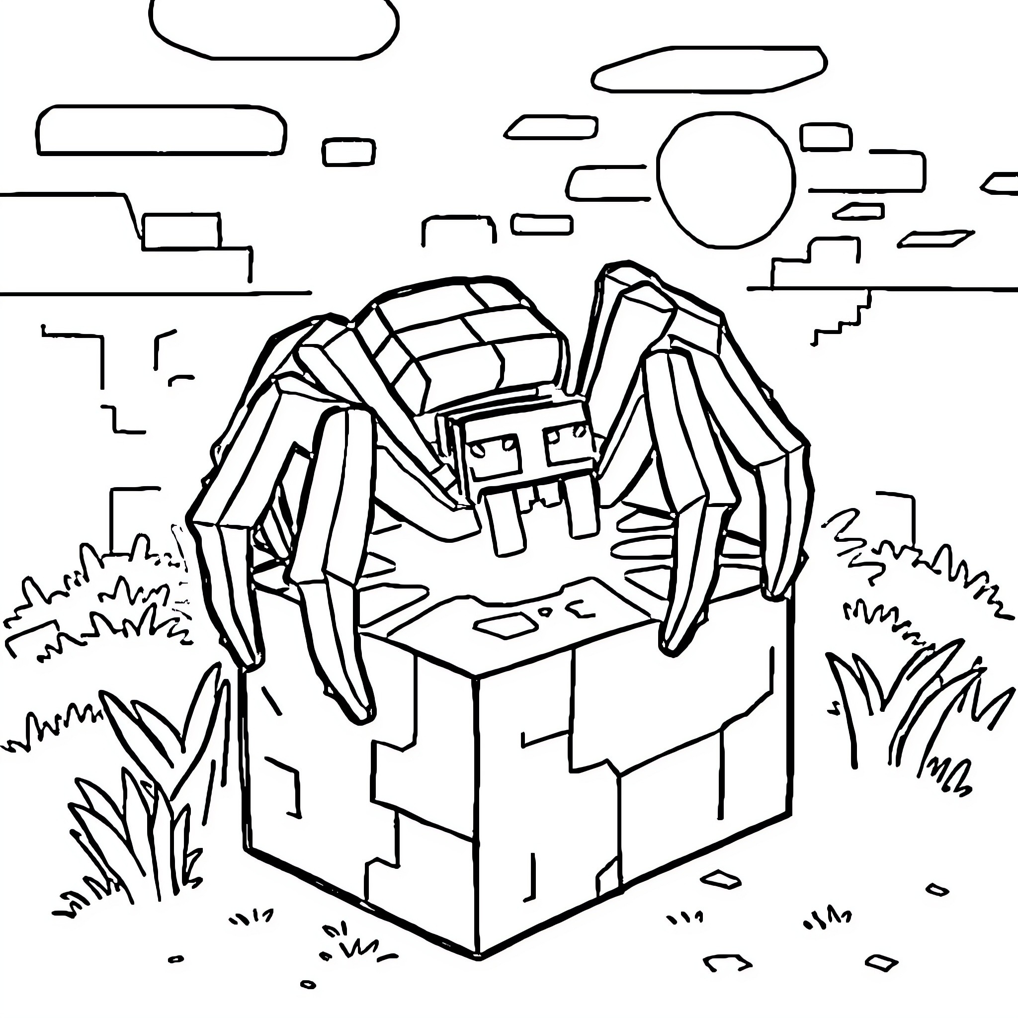 Spider building a home in the wilderness Coloring Page (free black-and-white line drawing printable PDF for all, from beginners to advanced learners, including children, teens, adults, and seniors)