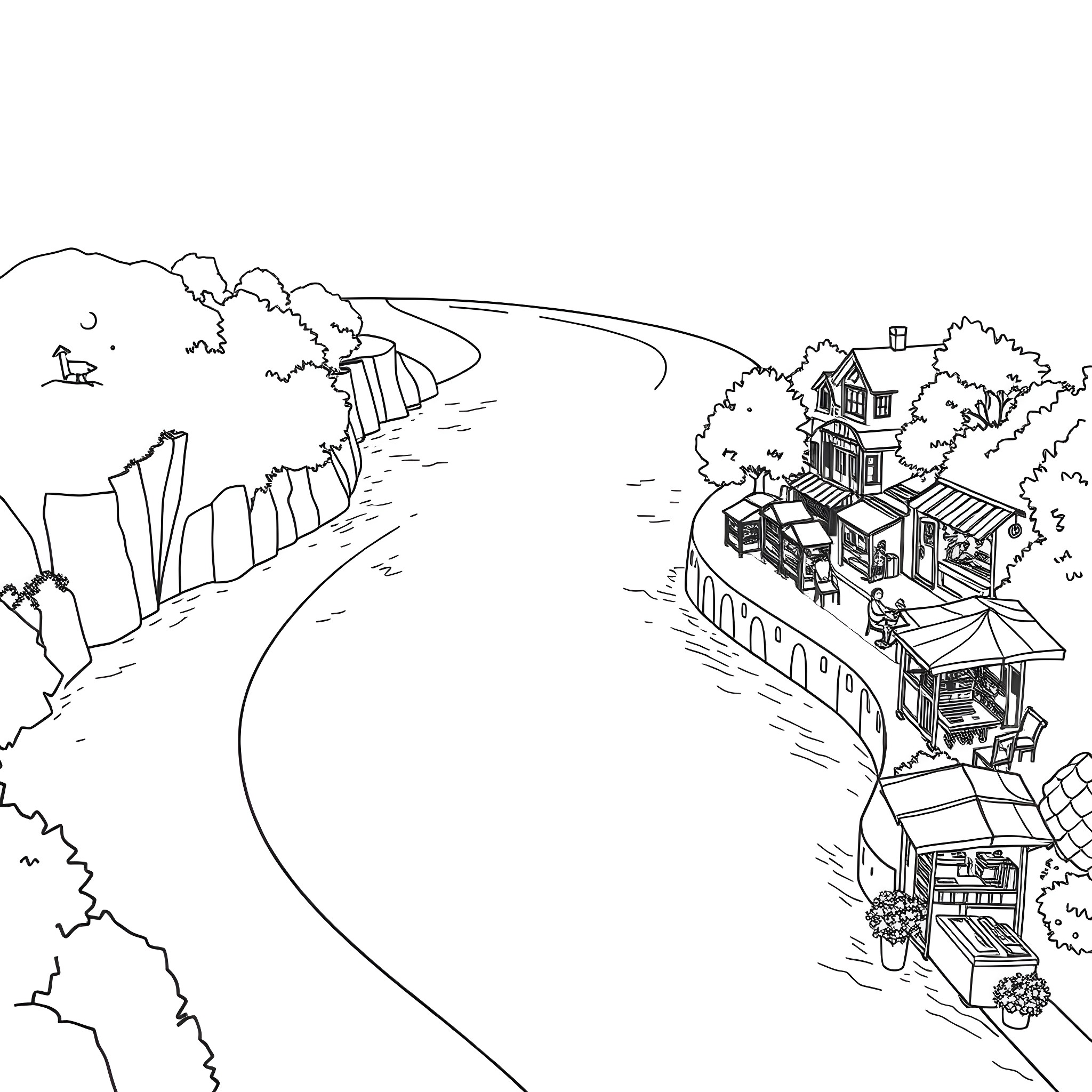 River flowing through a rustic village landscape Coloring Page (free black-and-white line drawing printable PDF for all, from beginners to advanced learners, including children, teens, adults, and seniors)