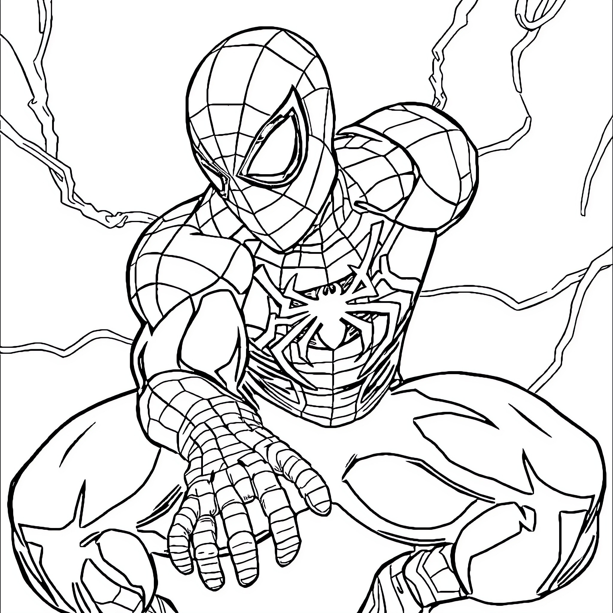 Spiderman scaling buildings with web shooters Coloring Page (free black-and-white line drawing printable PDF for all, from beginners to advanced learners, including children, teens, adults, and seniors)