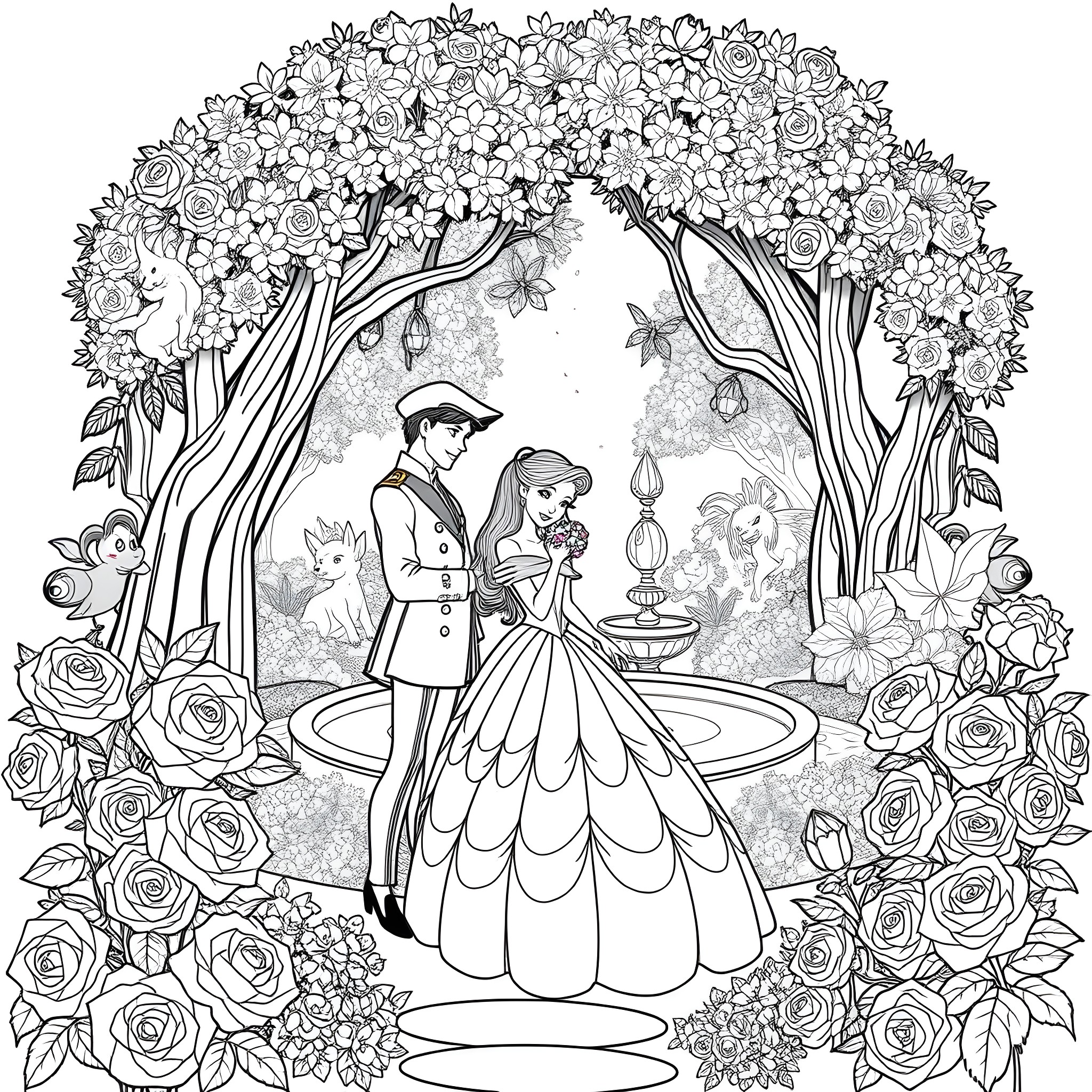Belle's Enchanted Floral Wonderland Coloring Page (free black-and-white line drawing printable PDF for all, from beginners to advanced learners, including children, teens, adults, and seniors)