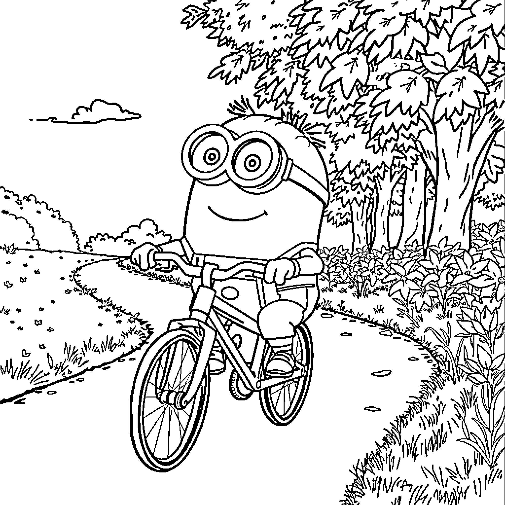 Minion riding bicycle through the forest Coloring Page (free black-and-white line drawing printable PDF for all, from beginners to advanced learners, including children, teens, adults, and seniors)