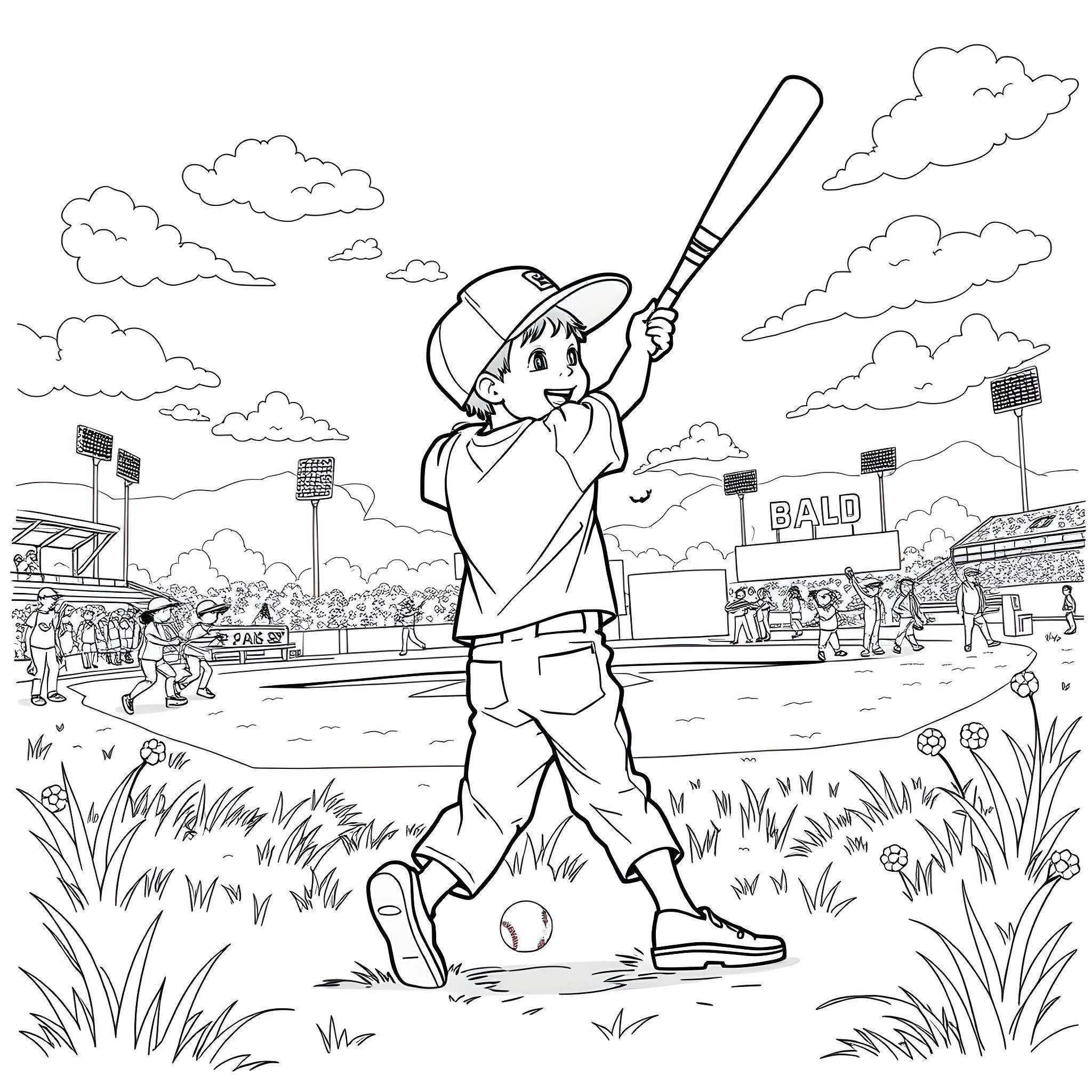 Child playing baseball at the stadium Coloring Page (free black-and-white line drawing printable PDF for all, from beginners to advanced learners, including children, teens, adults, and seniors)