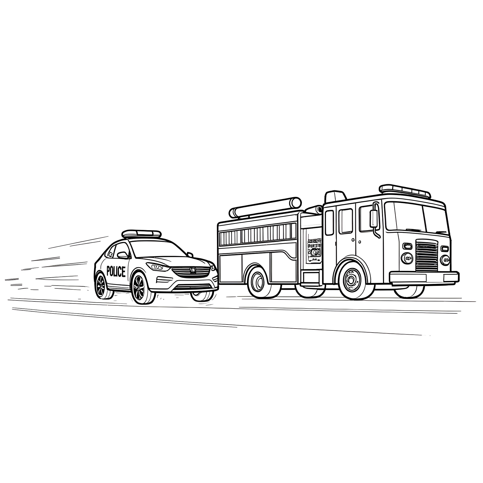 Police Car and Fire Truck Responding to Emergency Coloring Page (free black-and-white line drawing printable PDF for all, from beginners to advanced learners, including children, teens, adults, and seniors)