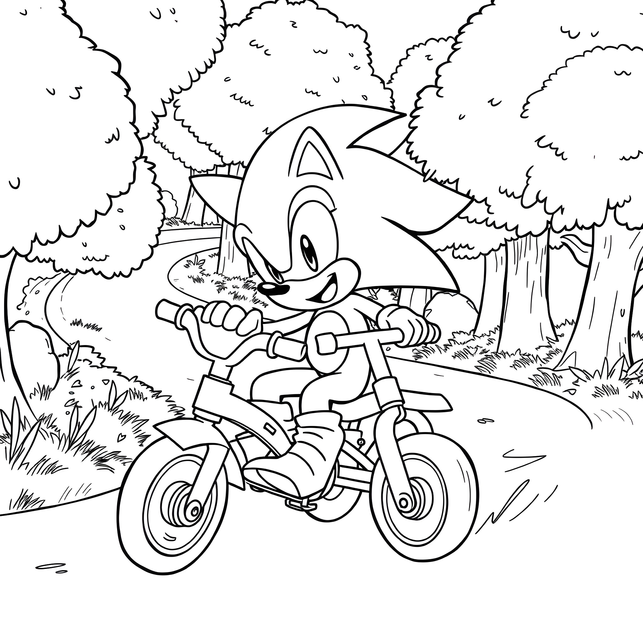 Sonic riding a motorcycle through the forest Coloring Page (free black-and-white line drawing printable PDF for all, from beginners to advanced learners, including children, teens, adults, and seniors)