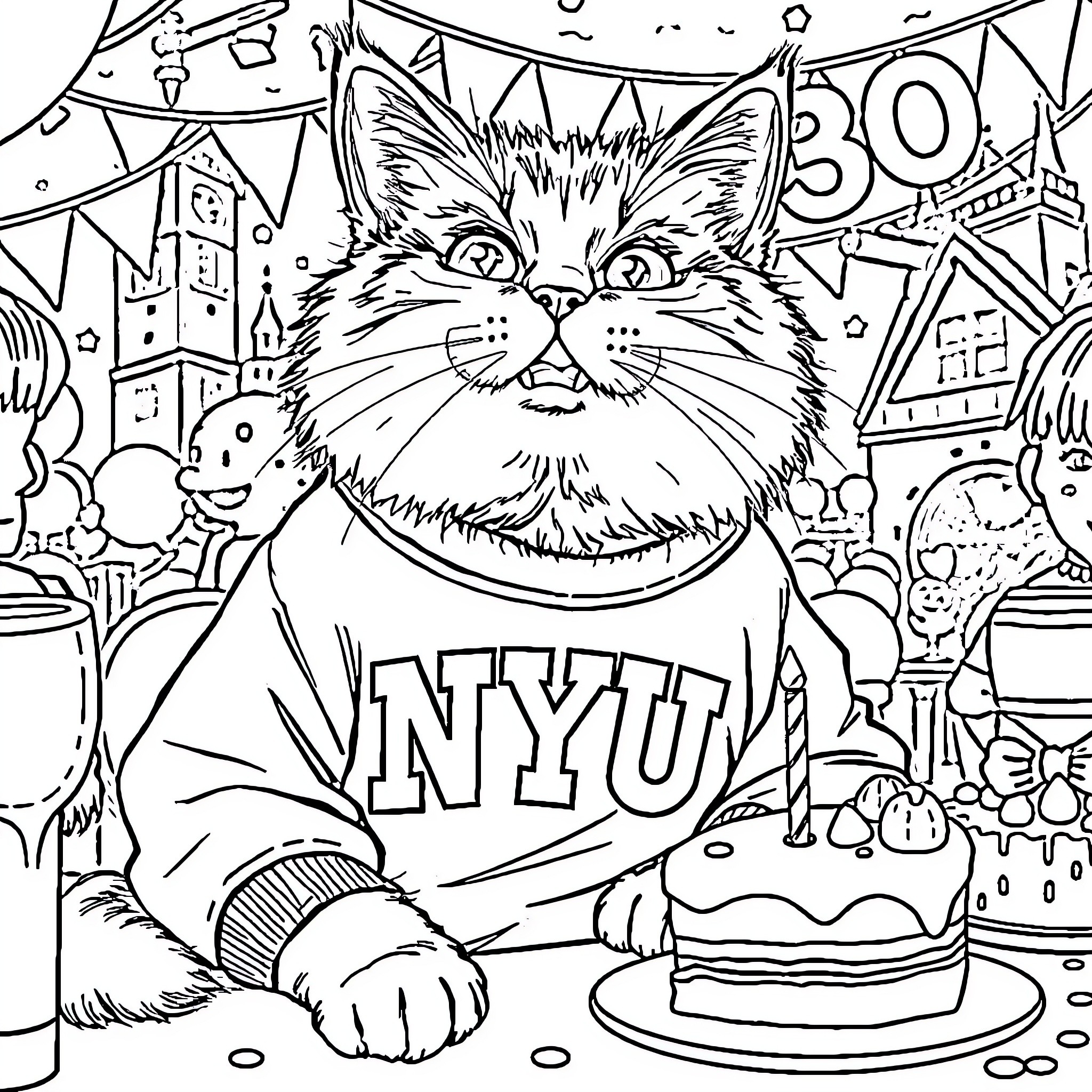 Cat celebrating birthday party in the city Coloring Page (free black-and-white line drawing printable PDF for all, from beginners to advanced learners, including children, teens, adults, and seniors)