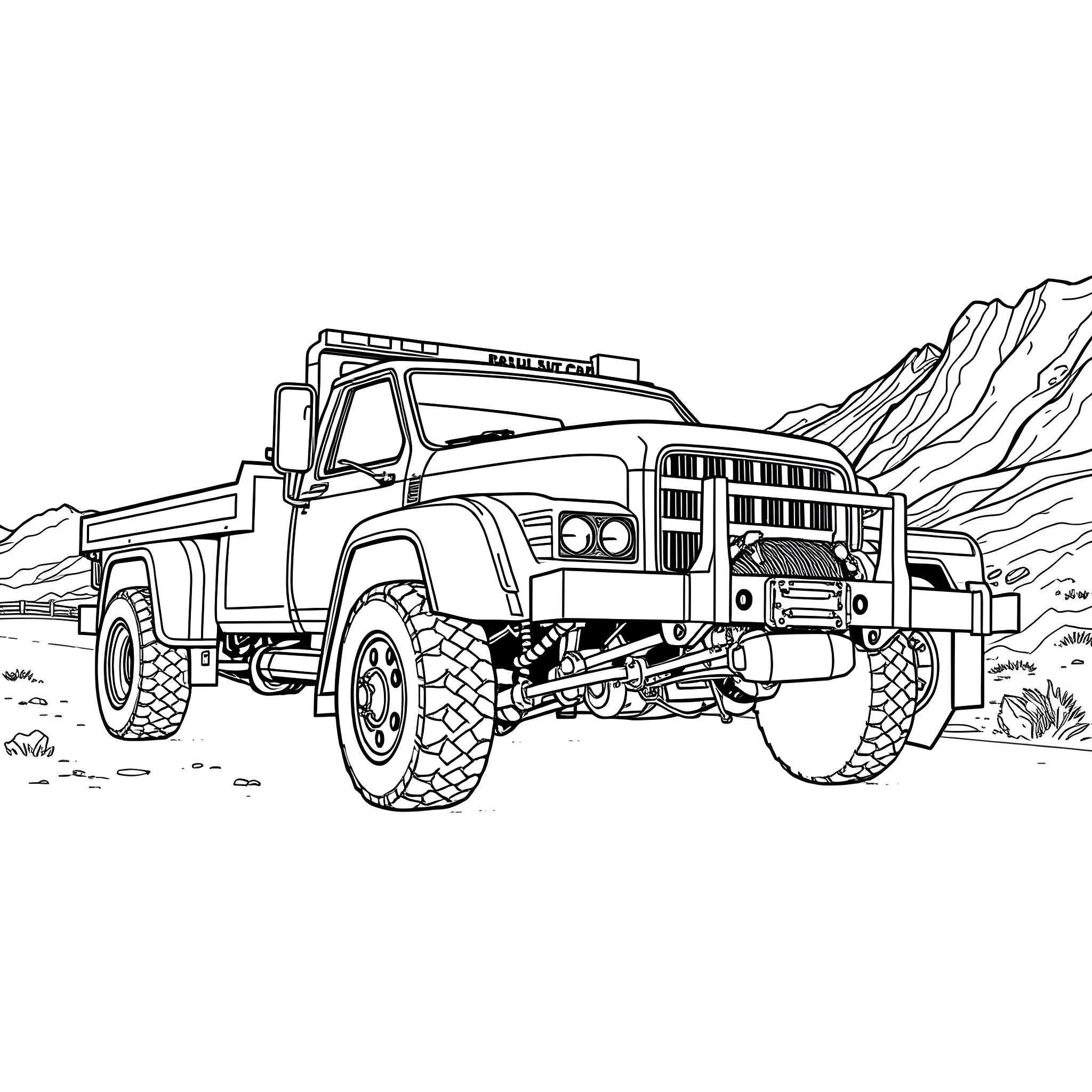 Wrecker Heavy-Duty Truck Navigating Rugged Terrain Coloring Page (free black-and-white line drawing printable PDF for all, from beginners to advanced learners, including children, teens, adults, and seniors)