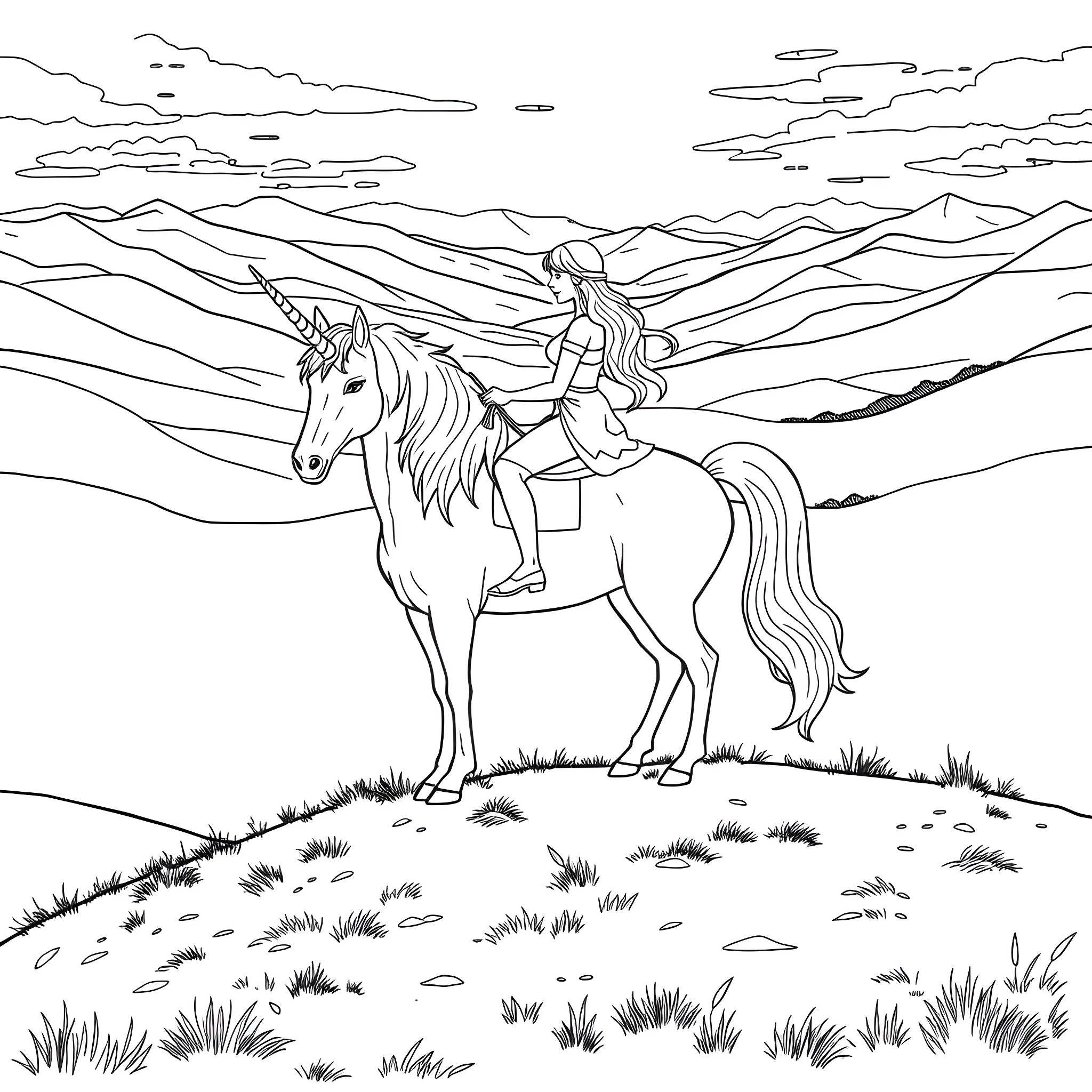 Unicorn riding through the mountainous landscape Coloring Page (free black-and-white line drawing printable PDF for all, from beginners to advanced learners, including children, teens, adults, and seniors)