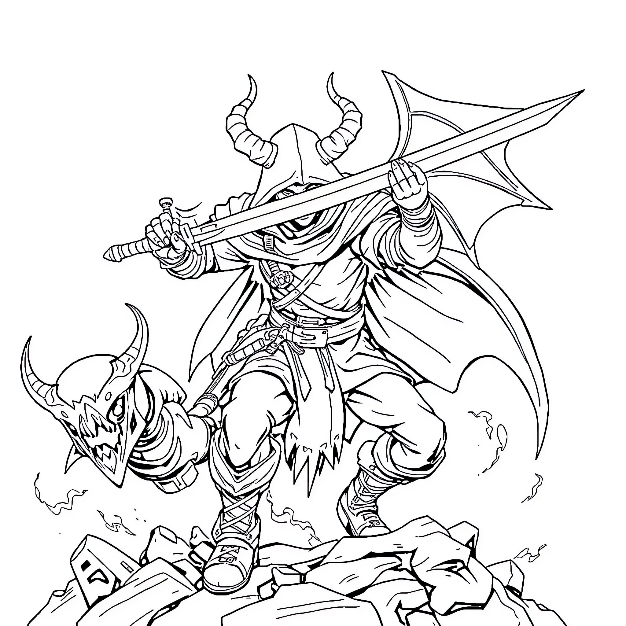 Demon Hunter Wielding Powerful Weapon in Dramatic Pose Coloring Page (free black-and-white line drawing printable PDF for all, from beginners to advanced learners, including children, teens, adults, and seniors)