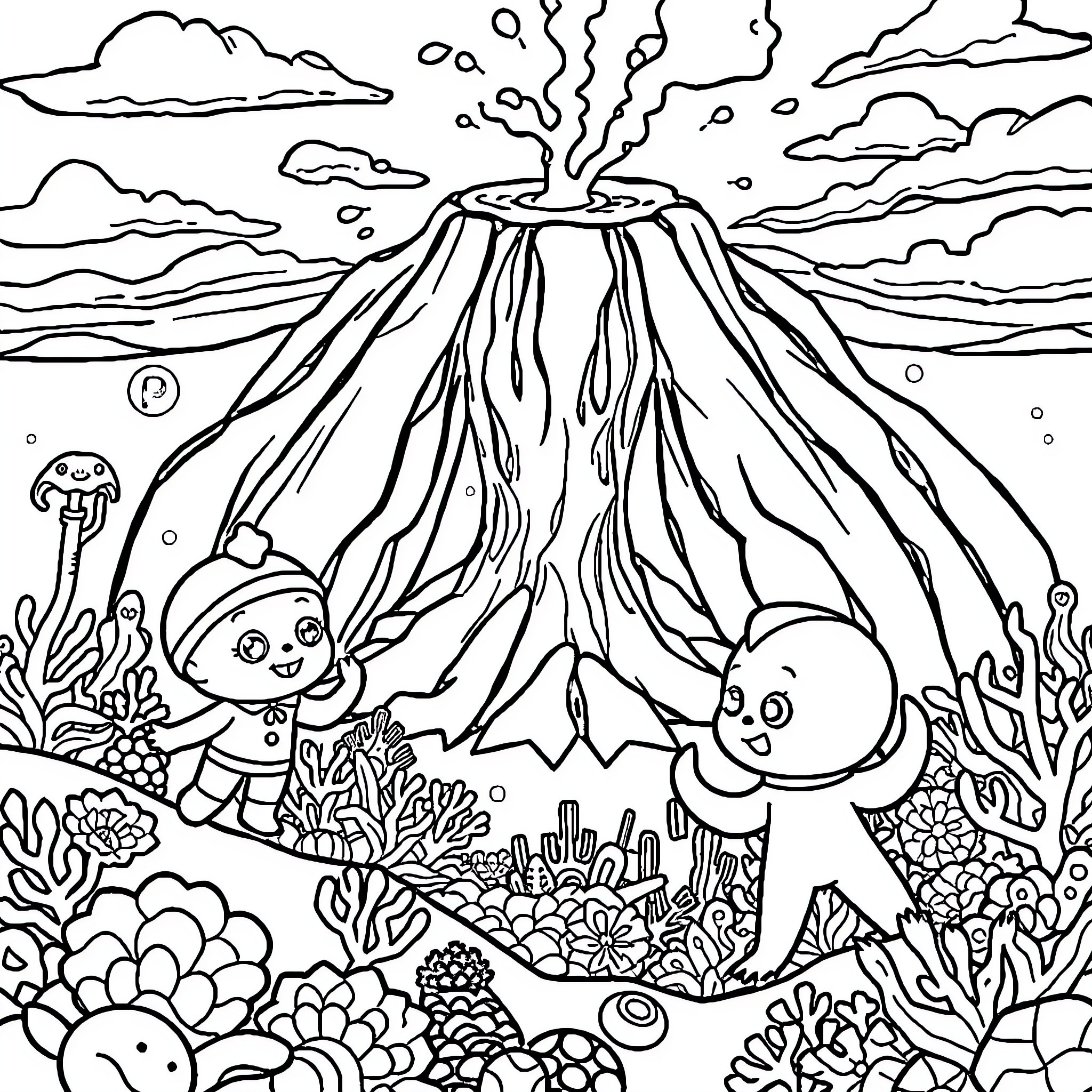 Octonauts explore an underwater volcanic scene Coloring Page (free black-and-white line drawing printable PDF for all, from beginners to advanced learners, including children, teens, adults, and seniors)