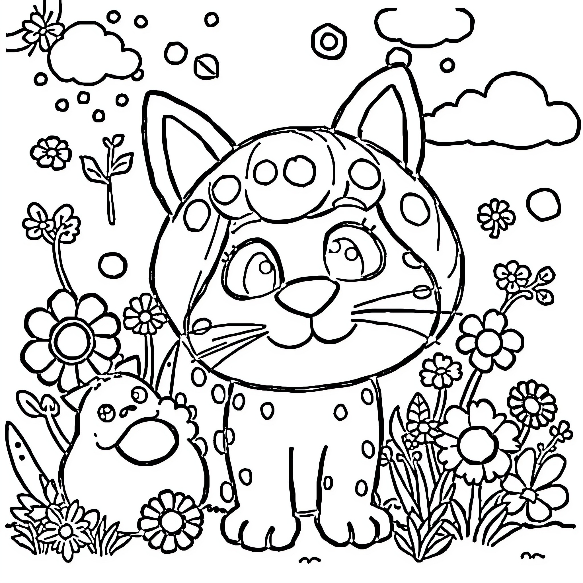 Toddler's Vibrant Flower Garden Adventure Coloring Page (free black-and-white line drawing printable PDF for all, from beginners to advanced learners, including children, teens, adults, and seniors)