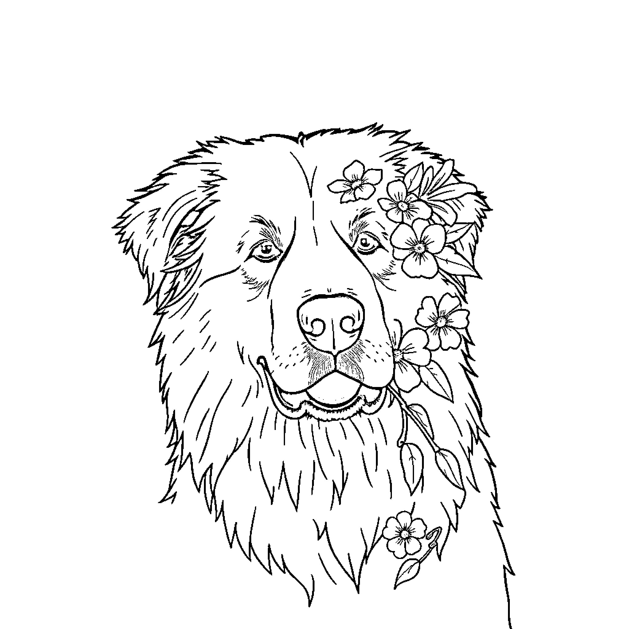 Great Pyrenees adorned with vibrant floral accents Coloring Page (free black-and-white line drawing printable PDF for all, from beginners to advanced learners, including children, teens, adults, and seniors)