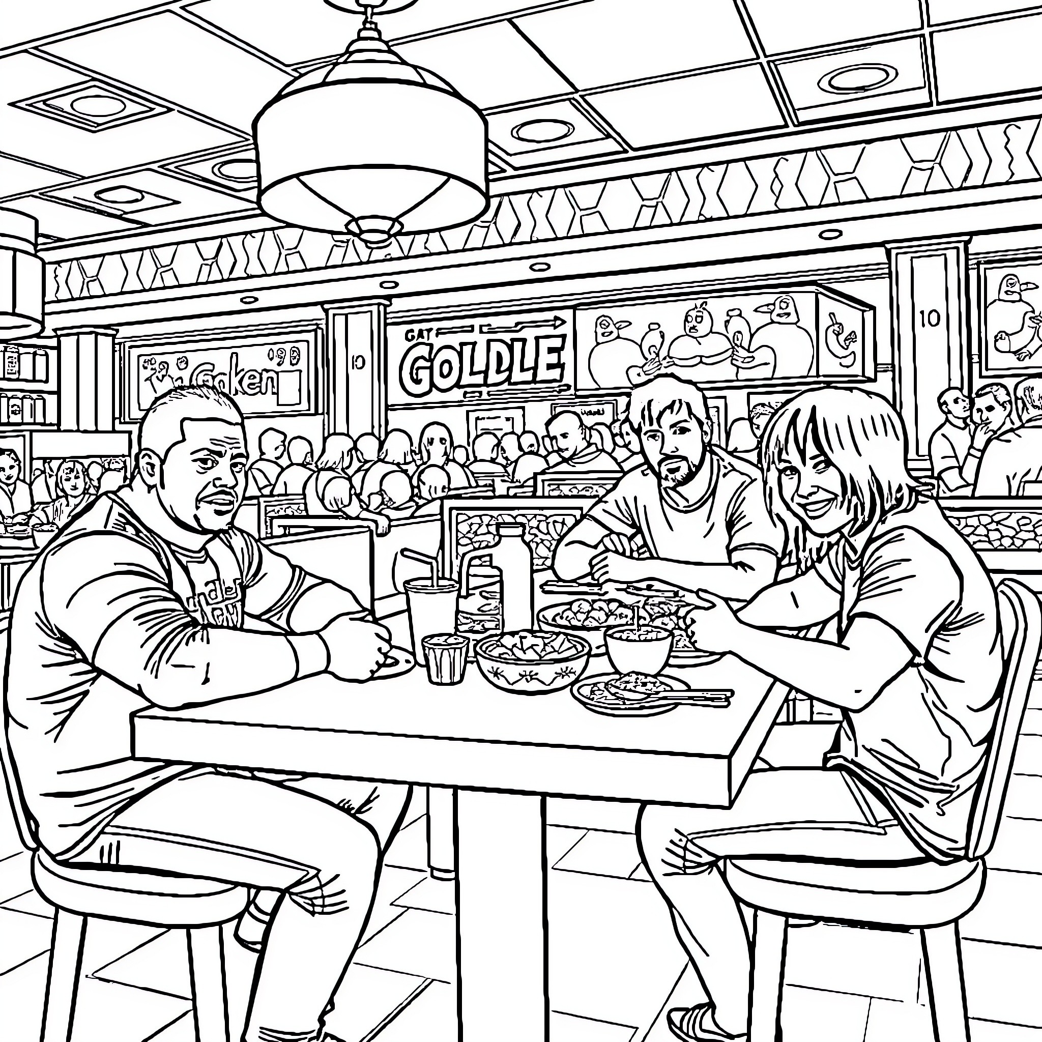 John Cena Enjoying a Meal with Friends at a Diner Coloring Page (free black-and-white line drawing printable PDF for all, from beginners to advanced learners, including children, teens, adults, and seniors)