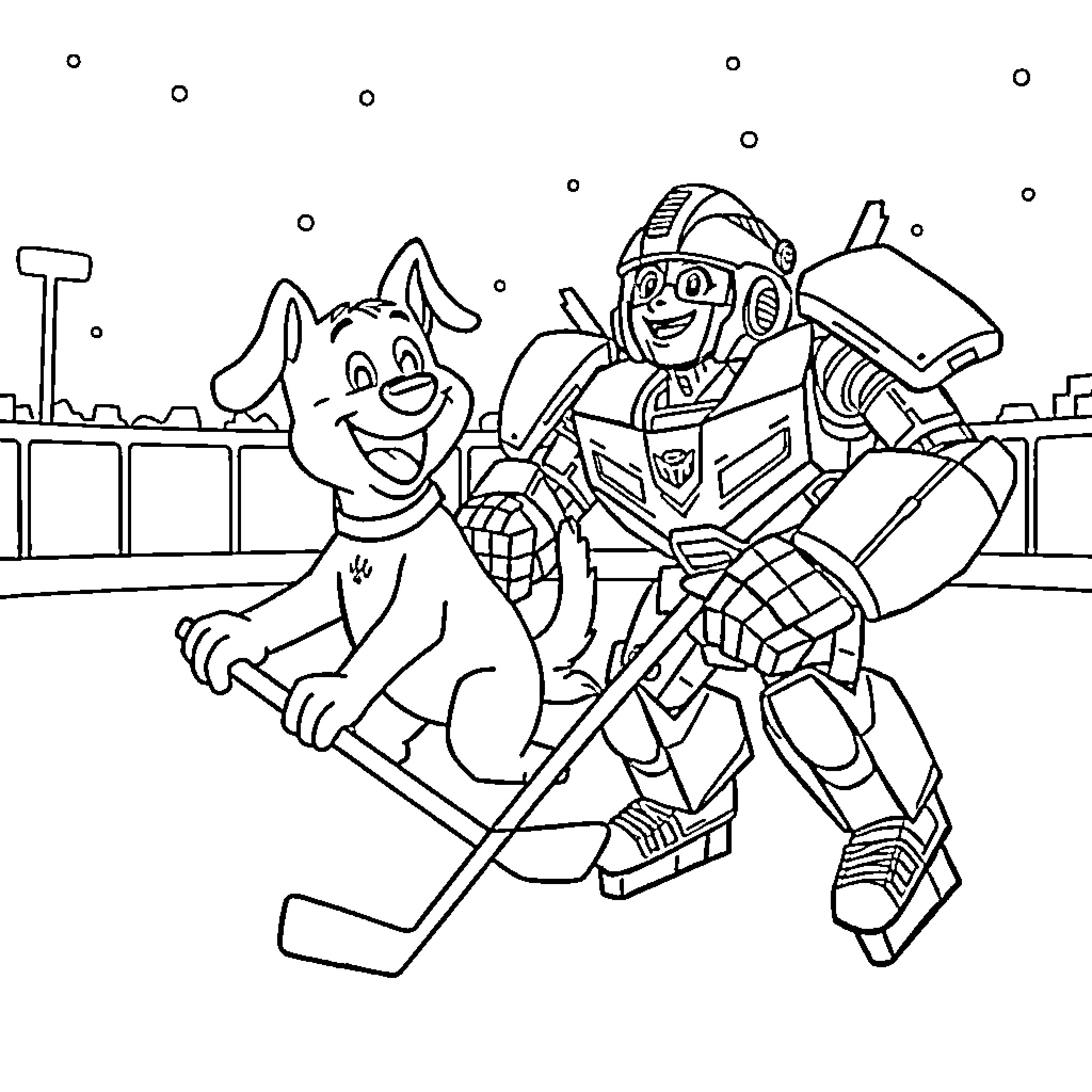 Bluey and Robot Playing Hockey Together Coloring Page (free black-and-white line drawing printable PDF for all, from beginners to advanced learners, including children, teens, adults, and seniors)