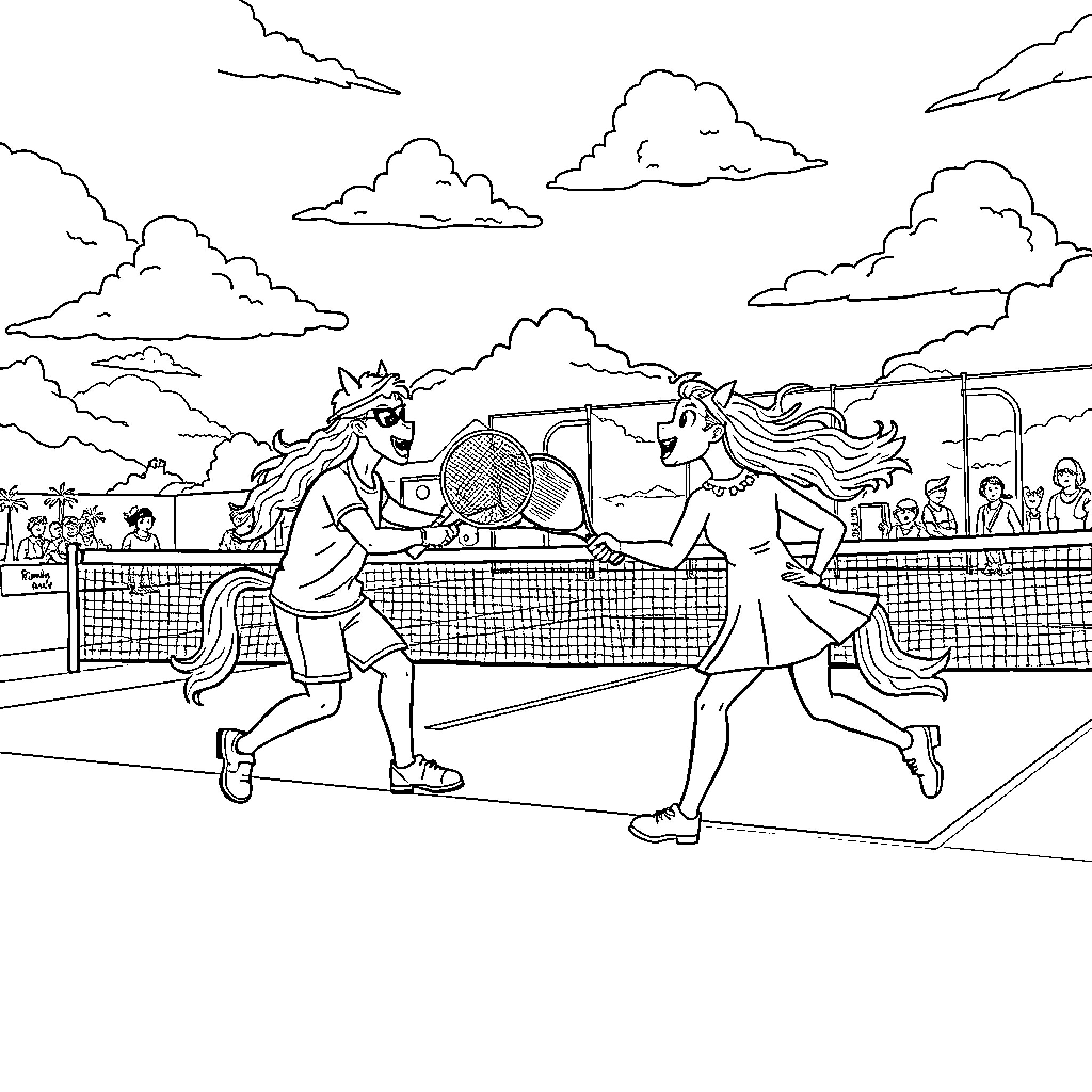 Huntrix Tennis Match on the Court Coloring Page (free black-and-white line drawing printable PDF for all, from beginners to advanced learners, including children, teens, adults, and seniors)