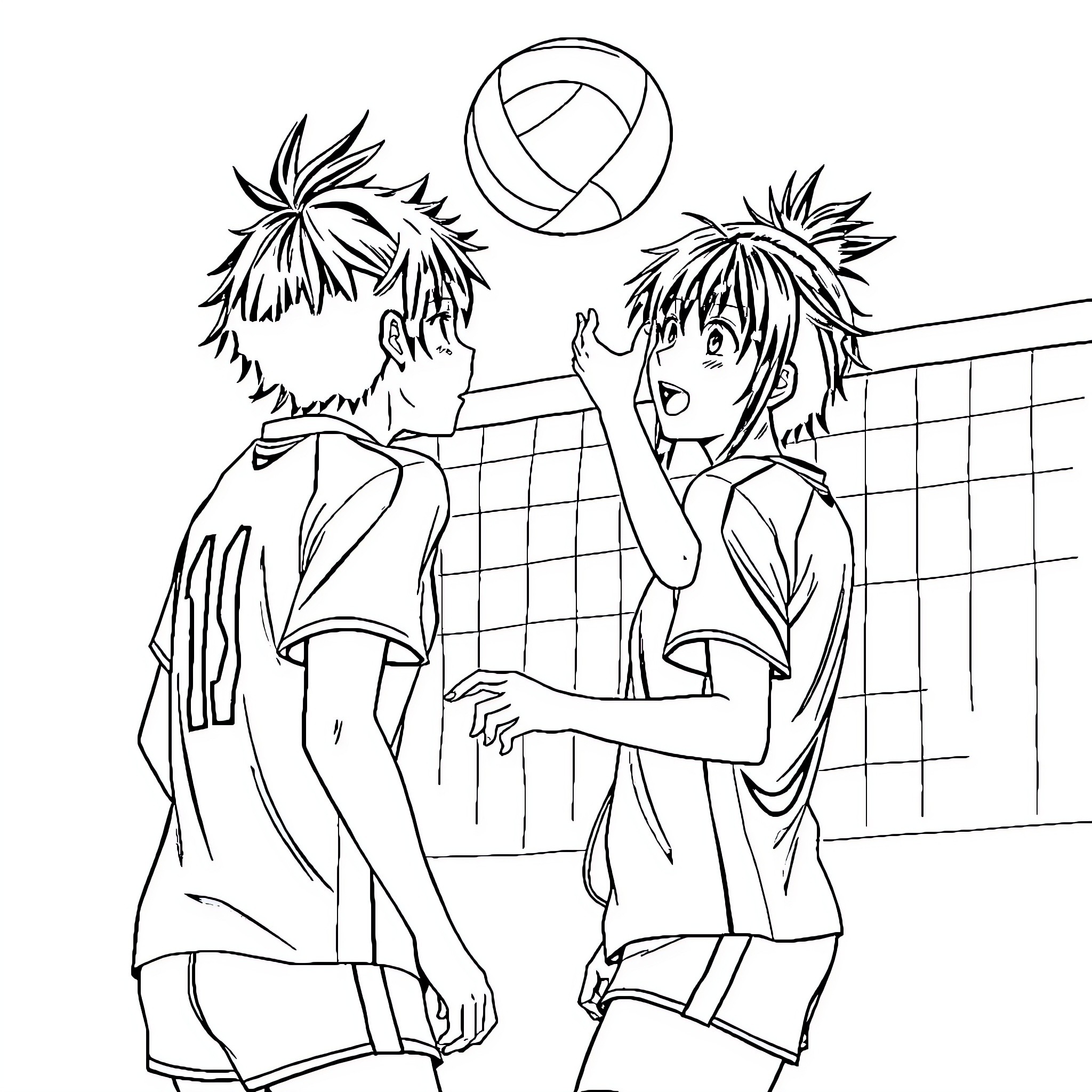 Haikyuu players competing in a volleyball match Coloring Page (free black-and-white line drawing printable PDF for all, from beginners to advanced learners, including children, teens, adults, and seniors)