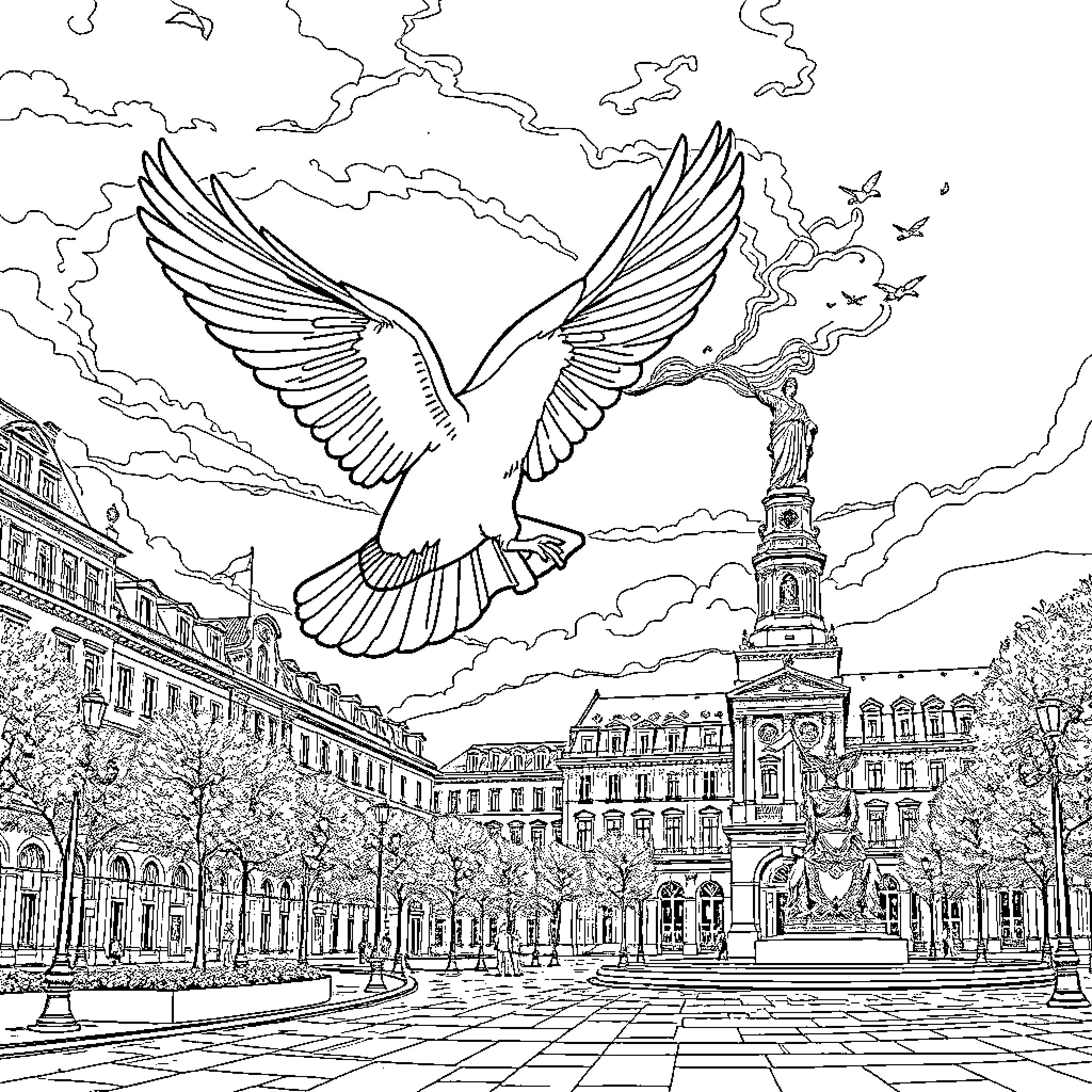 Pigeon soaring triumphantly over ornate city landscape Coloring Page (free black-and-white line drawing printable PDF for all, from beginners to advanced learners, including children, teens, adults, and seniors)