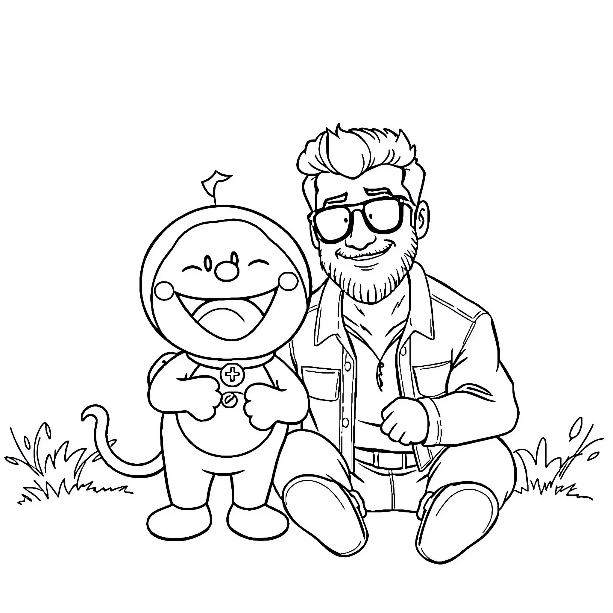 Doraemon and his inventor companion enjoy outdoor adventure Coloring Page (free black-and-white line drawing printable PDF for all, from beginners to advanced learners, including children, teens, adults, and seniors)