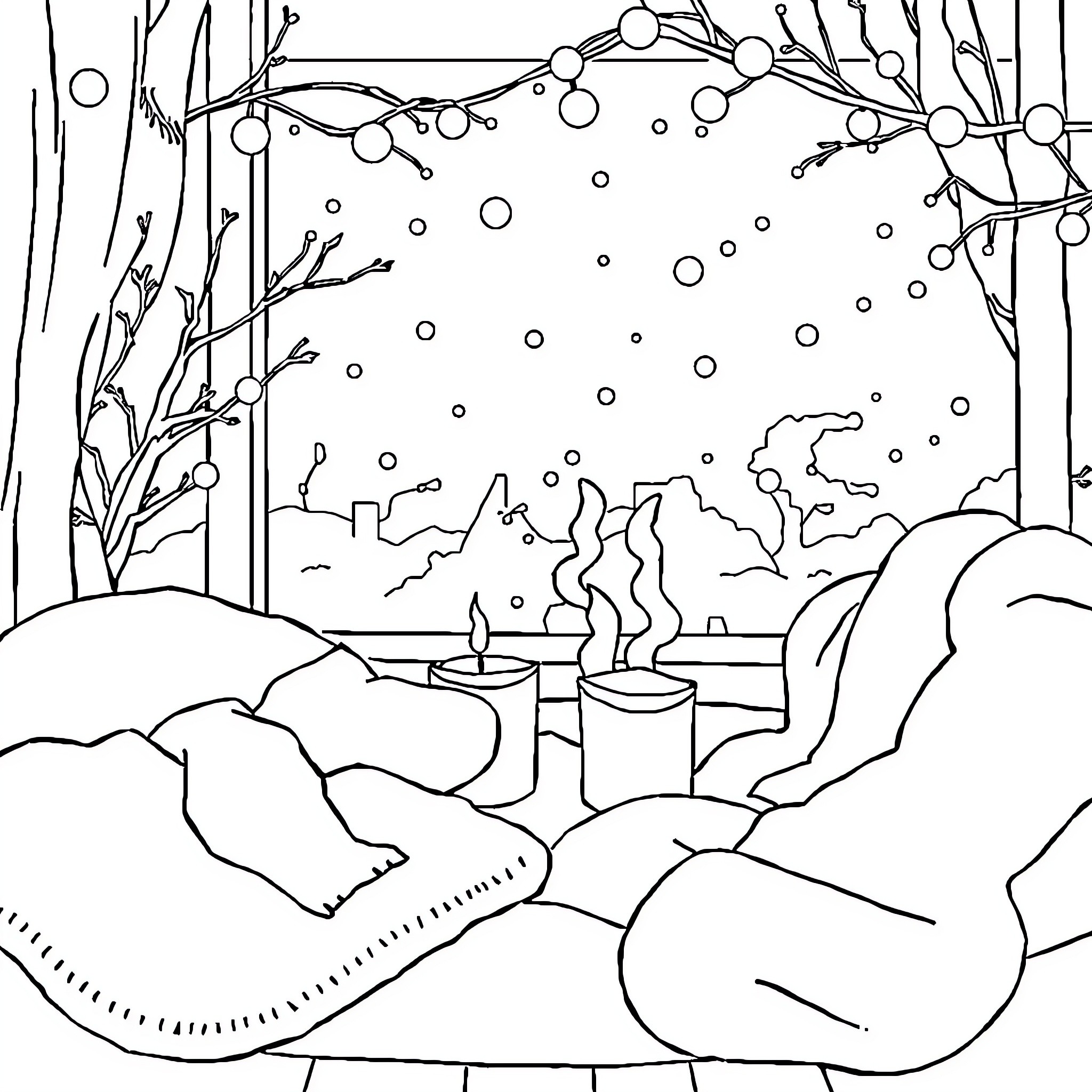 Winter wonderland of snowy landscape and festive lights Coloring Page (free black-and-white line drawing printable PDF for all, from beginners to advanced learners, including children, teens, adults, and seniors)