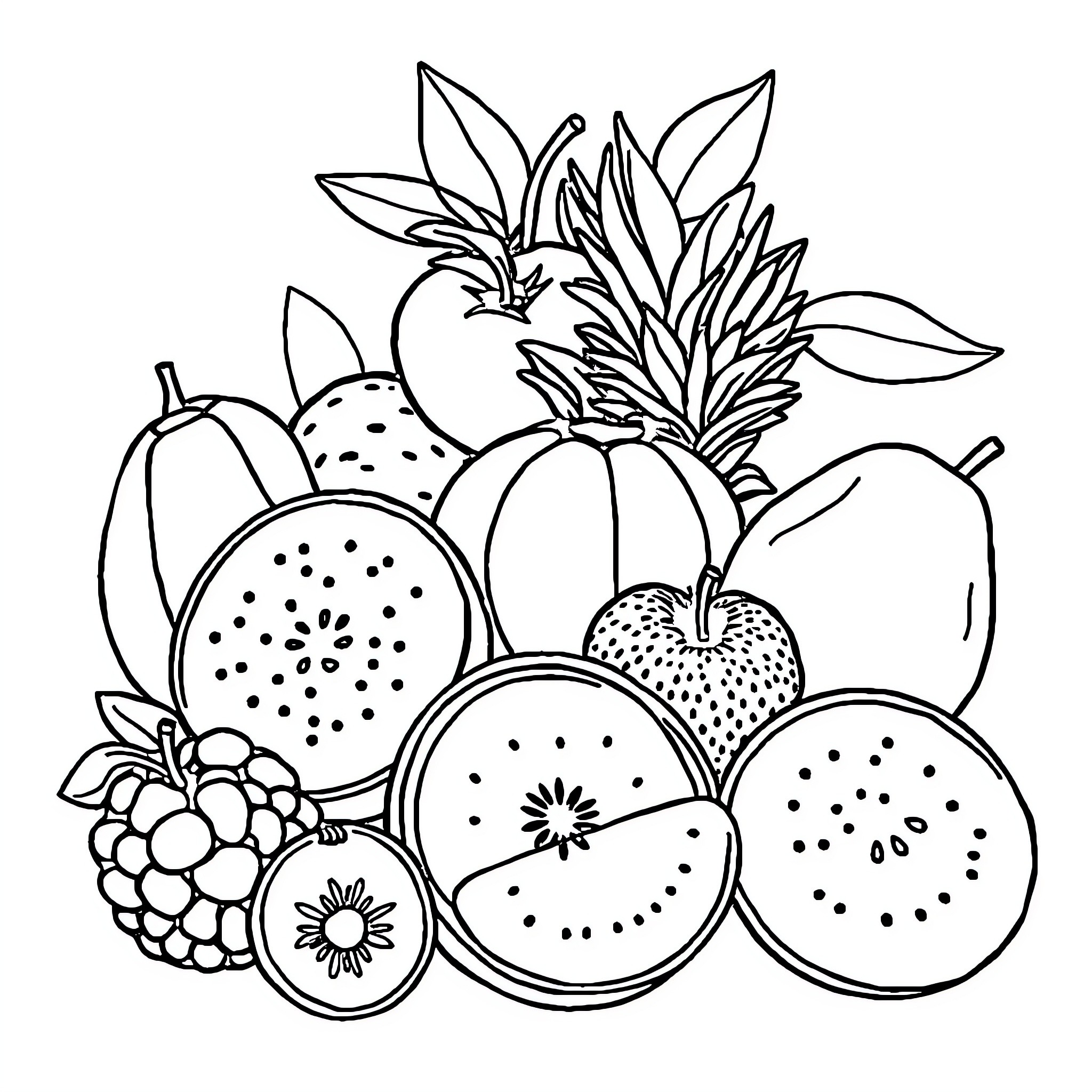 Fruit Arrangement with Vibrant Variety Coloring Page (free black-and-white line drawing printable PDF for all, from beginners to advanced learners, including children, teens, adults, and seniors)