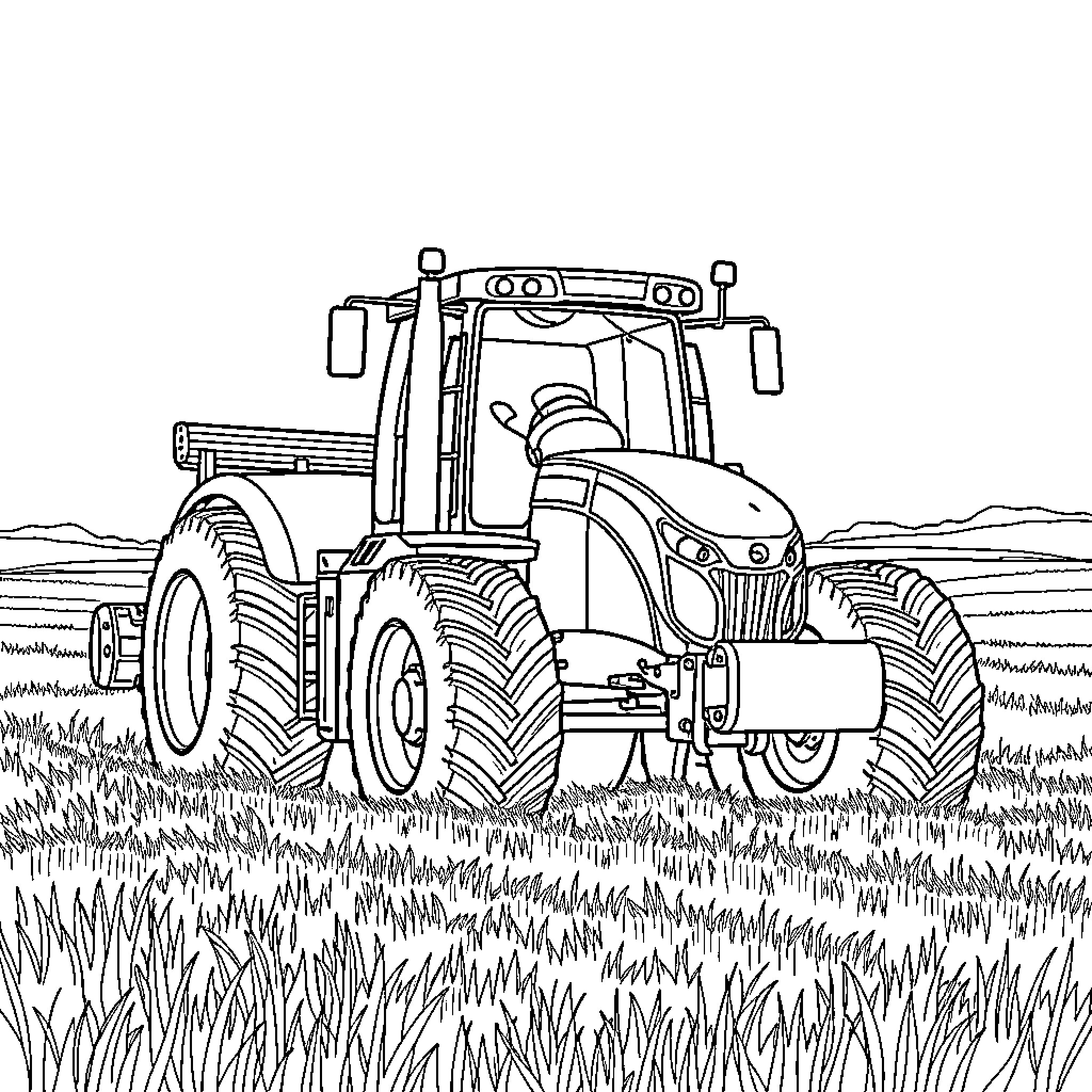 Tractor plowing through a grassy field Coloring Page (free black-and-white line drawing printable PDF for all, from beginners to advanced learners, including children, teens, adults, and seniors)
