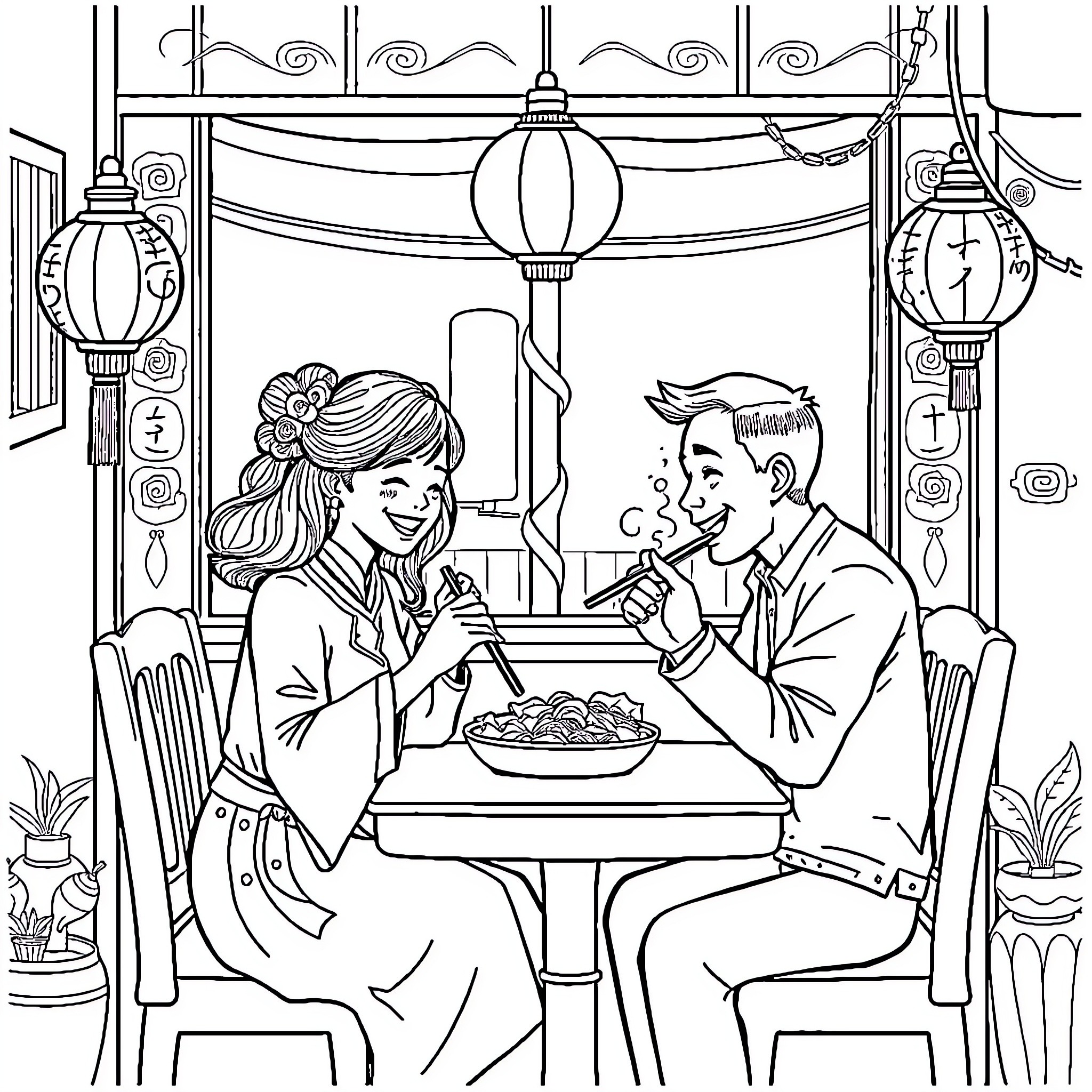 Couple enjoying a romantic meal together Coloring Page (free black-and-white line drawing printable PDF for all, from beginners to advanced learners, including children, teens, adults, and seniors)
