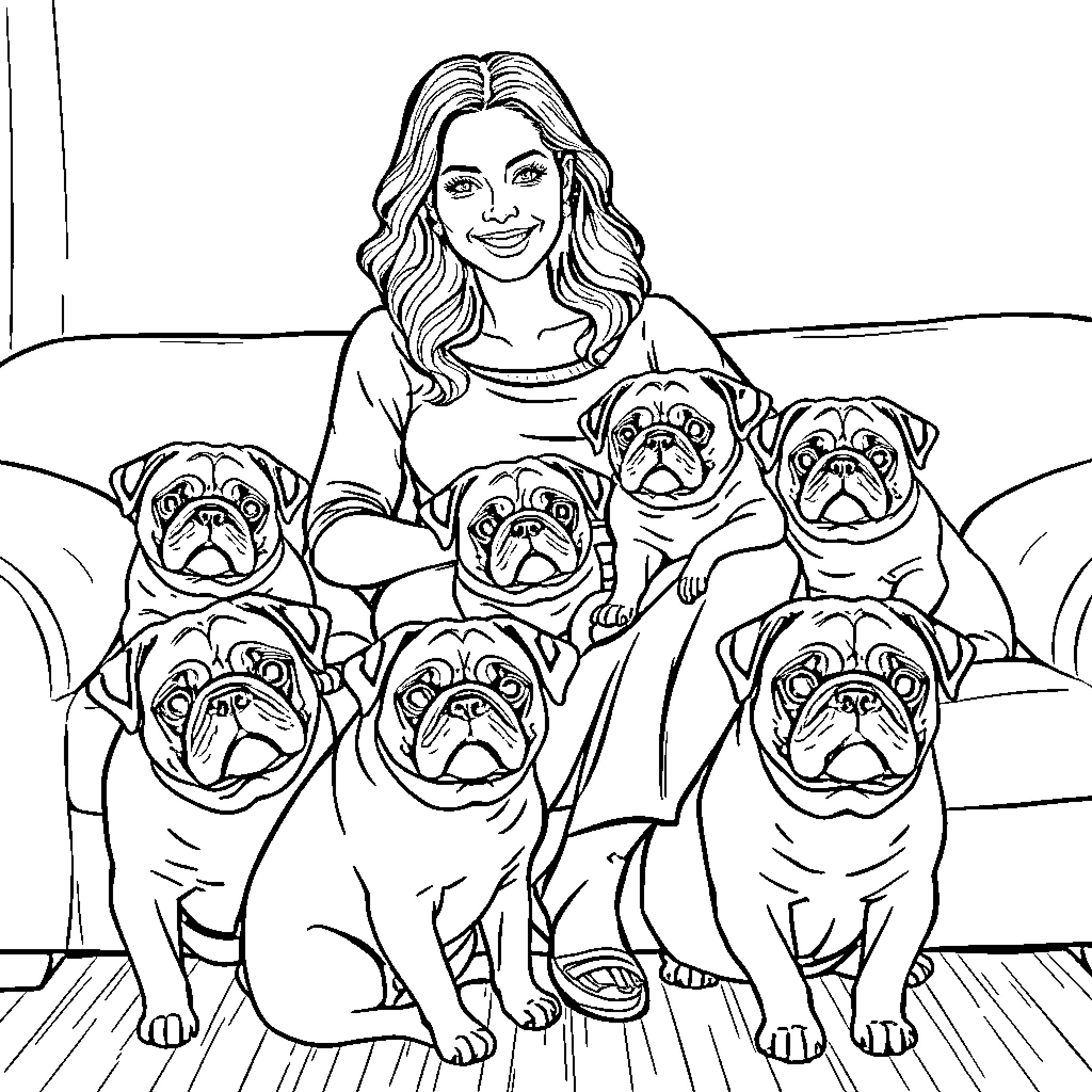 Lady surrounded by adorable pugs in a cozy setting Coloring Page (free black-and-white line drawing printable PDF for all, from beginners to advanced learners, including children, teens, adults, and seniors)