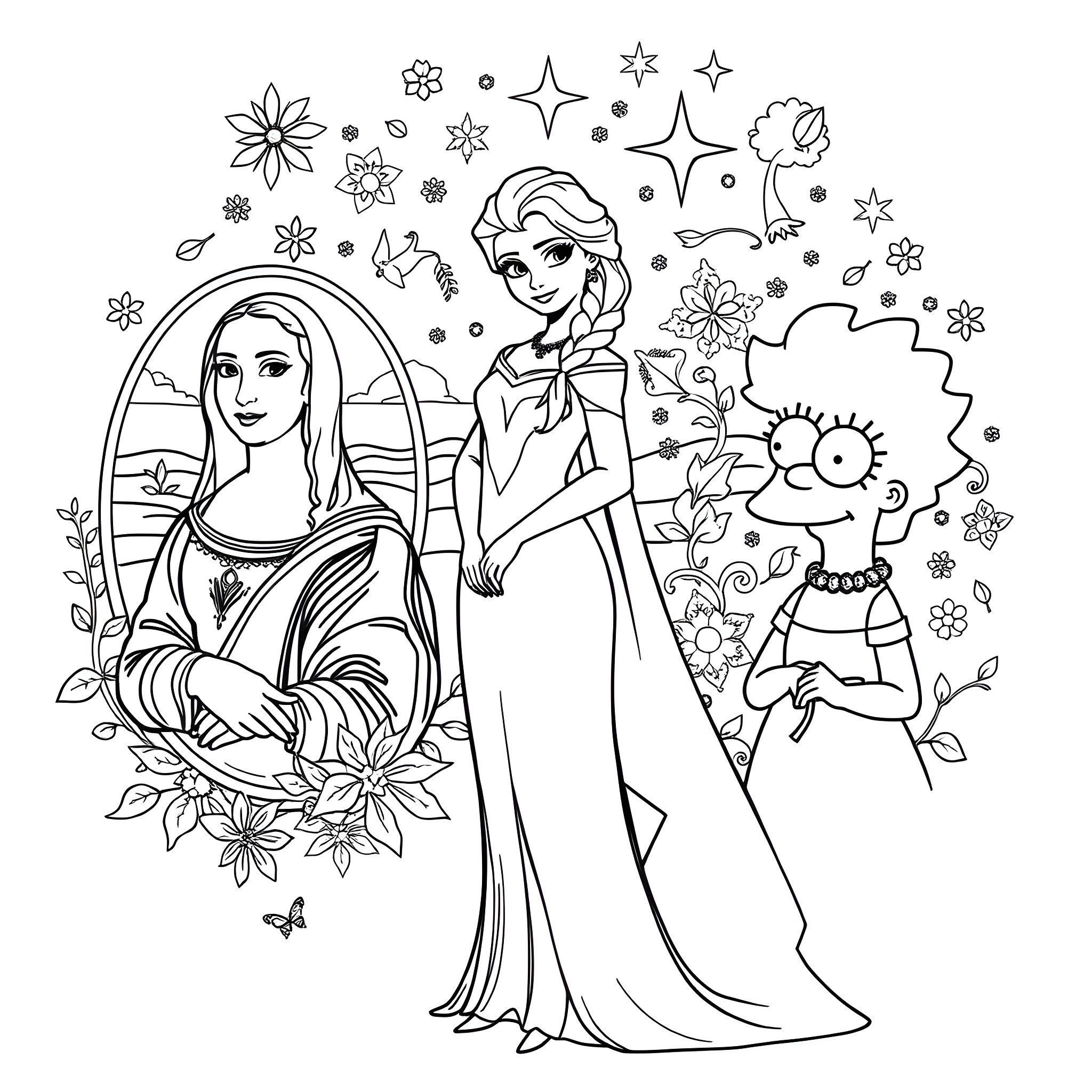 Elsa and Anna in a Floral Wonderland Coloring Page (free black-and-white line drawing printable PDF for all, from beginners to advanced learners, including children, teens, adults, and seniors)