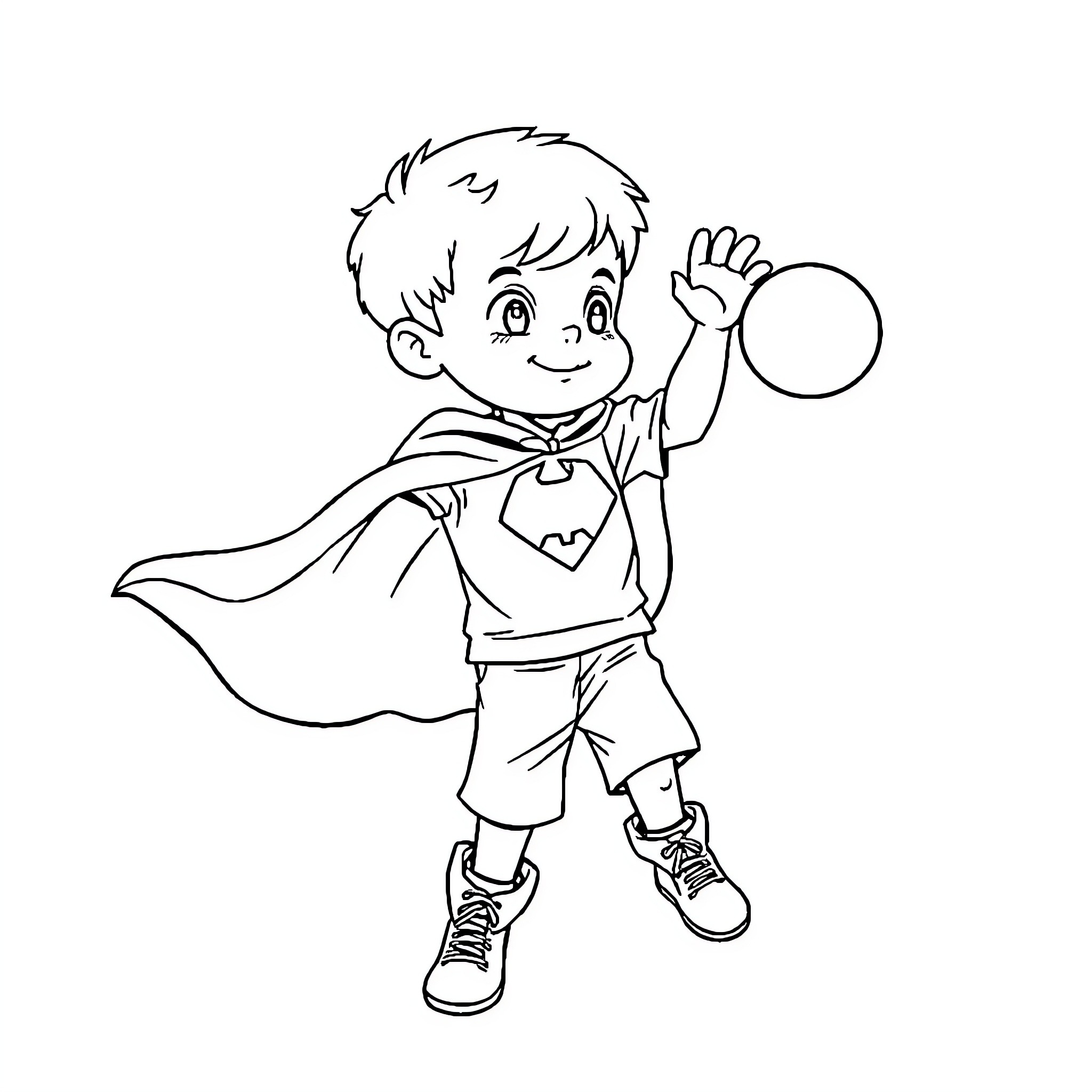 Boy in superhero costume playing with magnifying glass Coloring Page (free black-and-white line drawing printable PDF for all, from beginners to advanced learners, including children, teens, adults, and seniors)